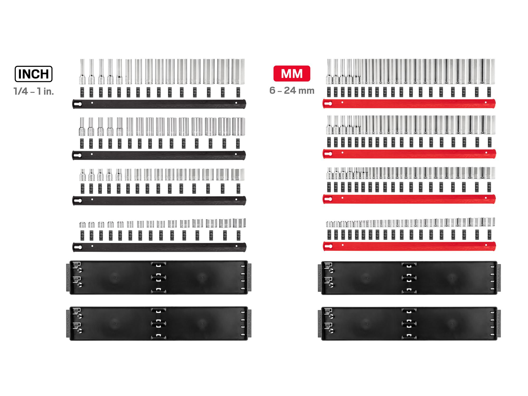 Laid out contents of Tekton rail hand drive 6-point socket set. Item #SHD91224