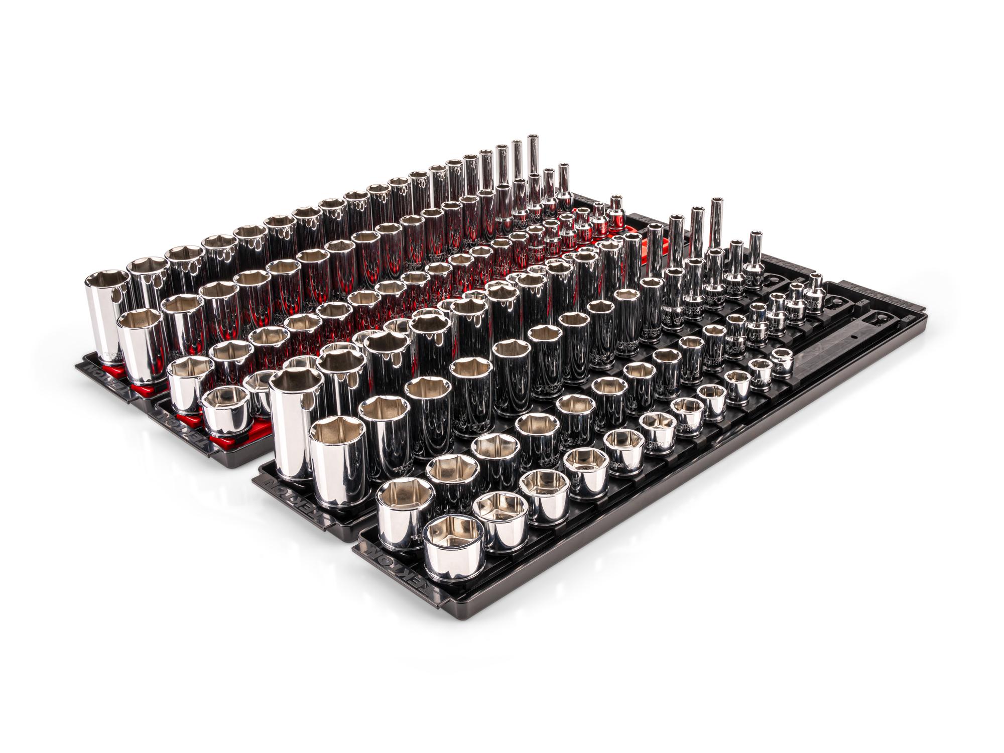 TEKTON 3/8 Inch Drive Extra-Shallow, Shallow, Semi-Deep, and Deep 6-Point Socket Set with Rails and Trays, 130-Piece (1/4 - 1 in., 6 - 24 mm)