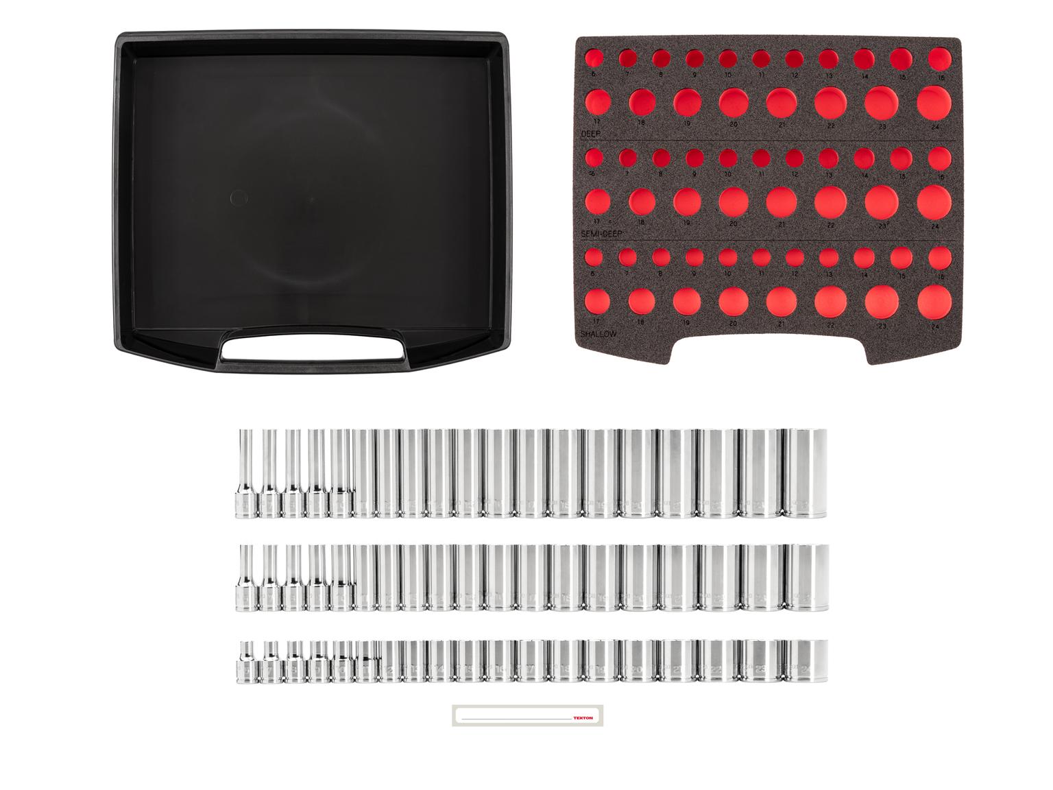 Laid out contents of Tekton hand drive 6-point socket set. Item #SHD91700