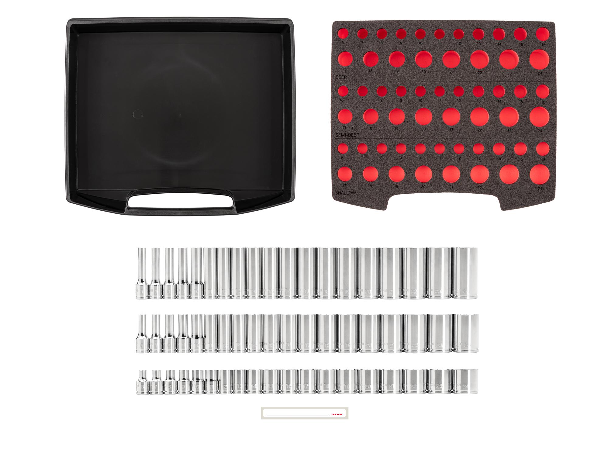 Laid out contents of Tekton hand drive 6-point socket set. Item #SHD91700