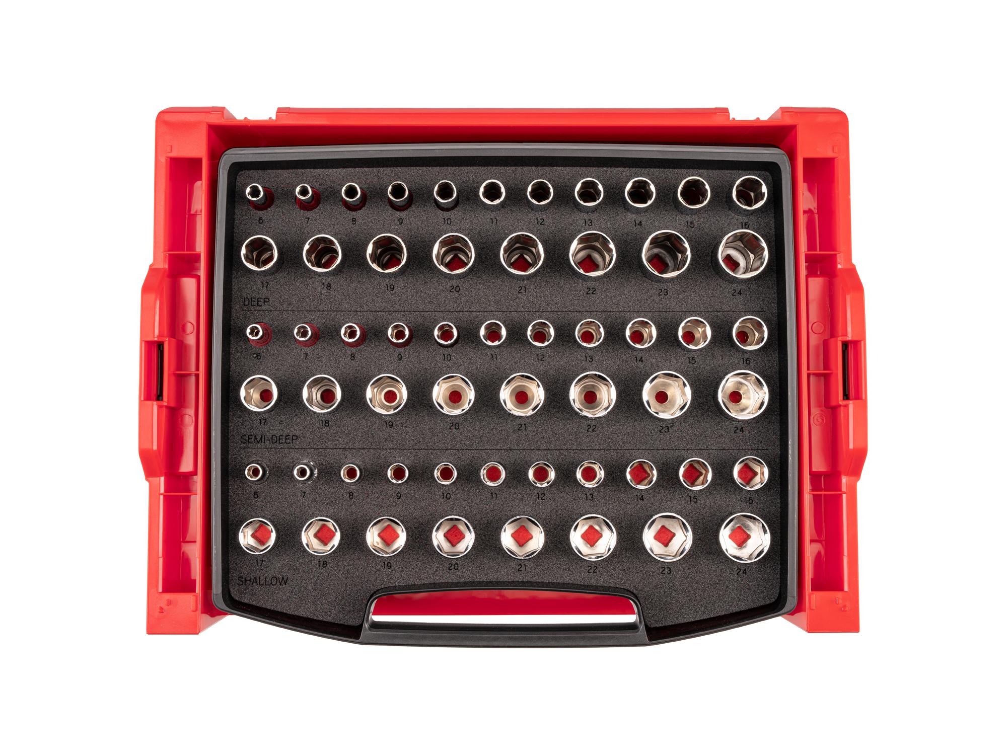 3/8 Inch Shallow, Semi-Deep, and Deep 6-Point Socket Set with Open Top Drawer and Rack (57-Piece)