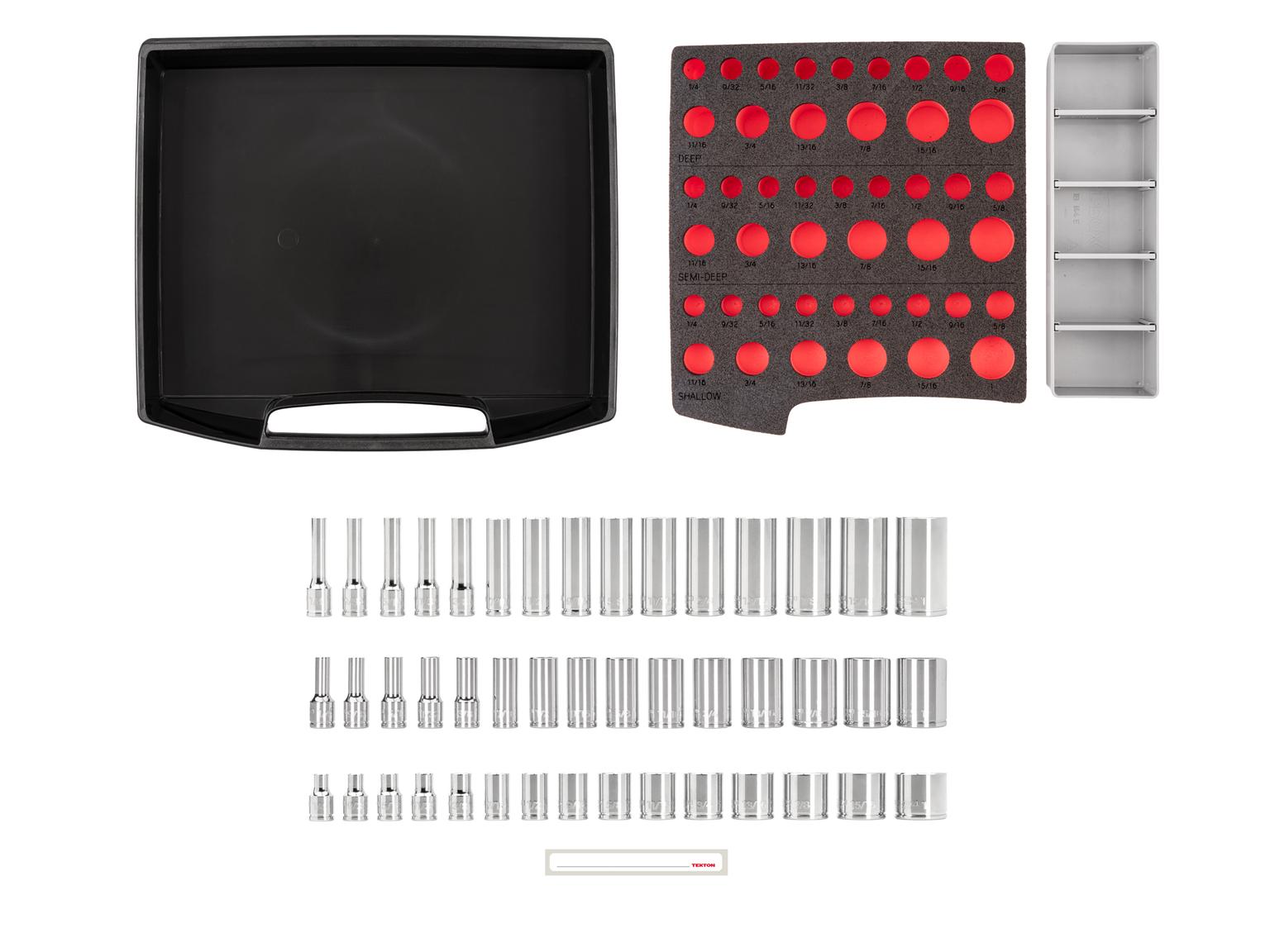 Laid out contents of Tekton hand drive 6-point socket set. Item #SHD91701