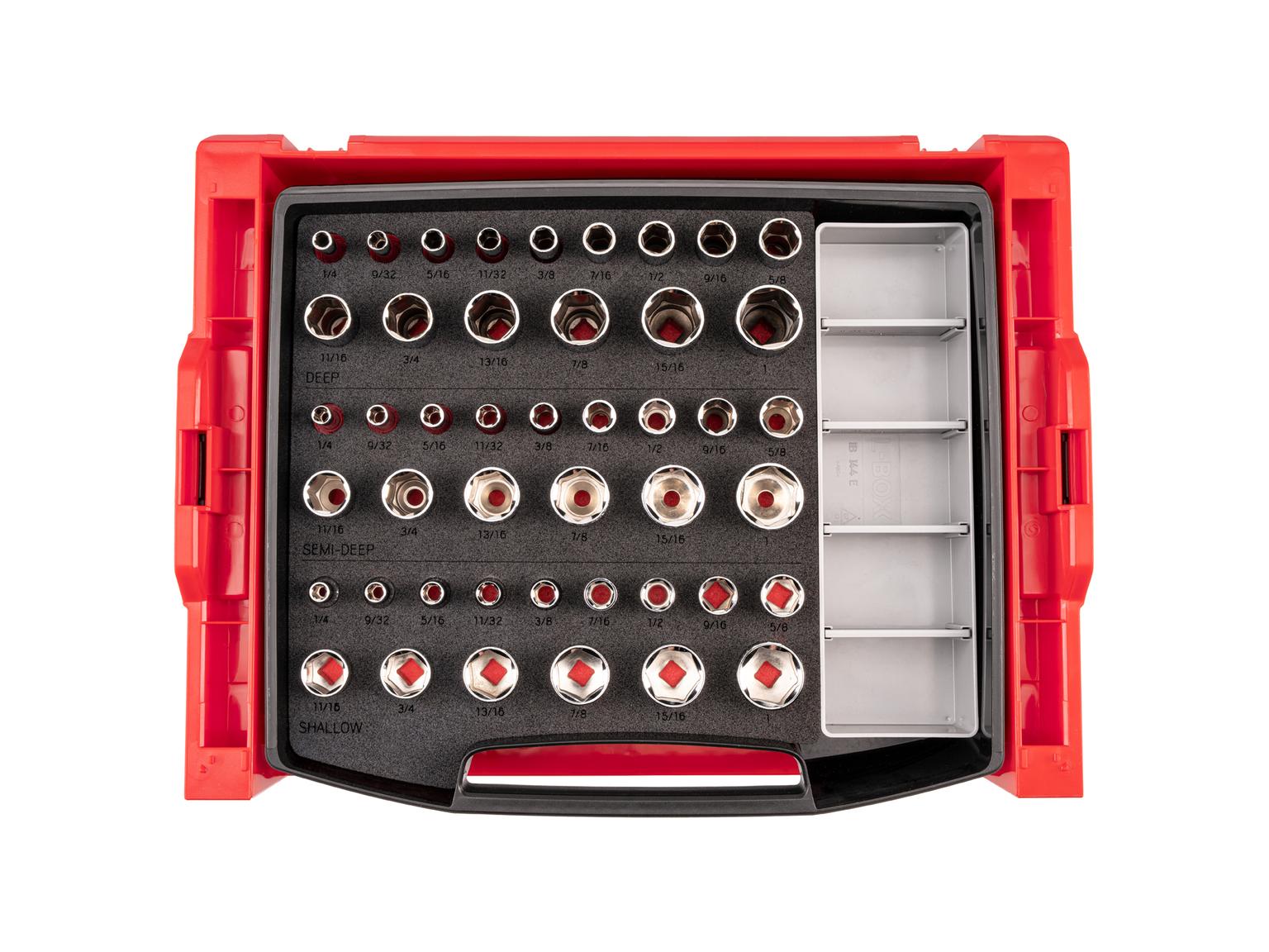 3/8 Inch Shallow, Semi-Deep, and Deep 6-Point Socket Set with Open Top Drawer and Rack (45-Piece)