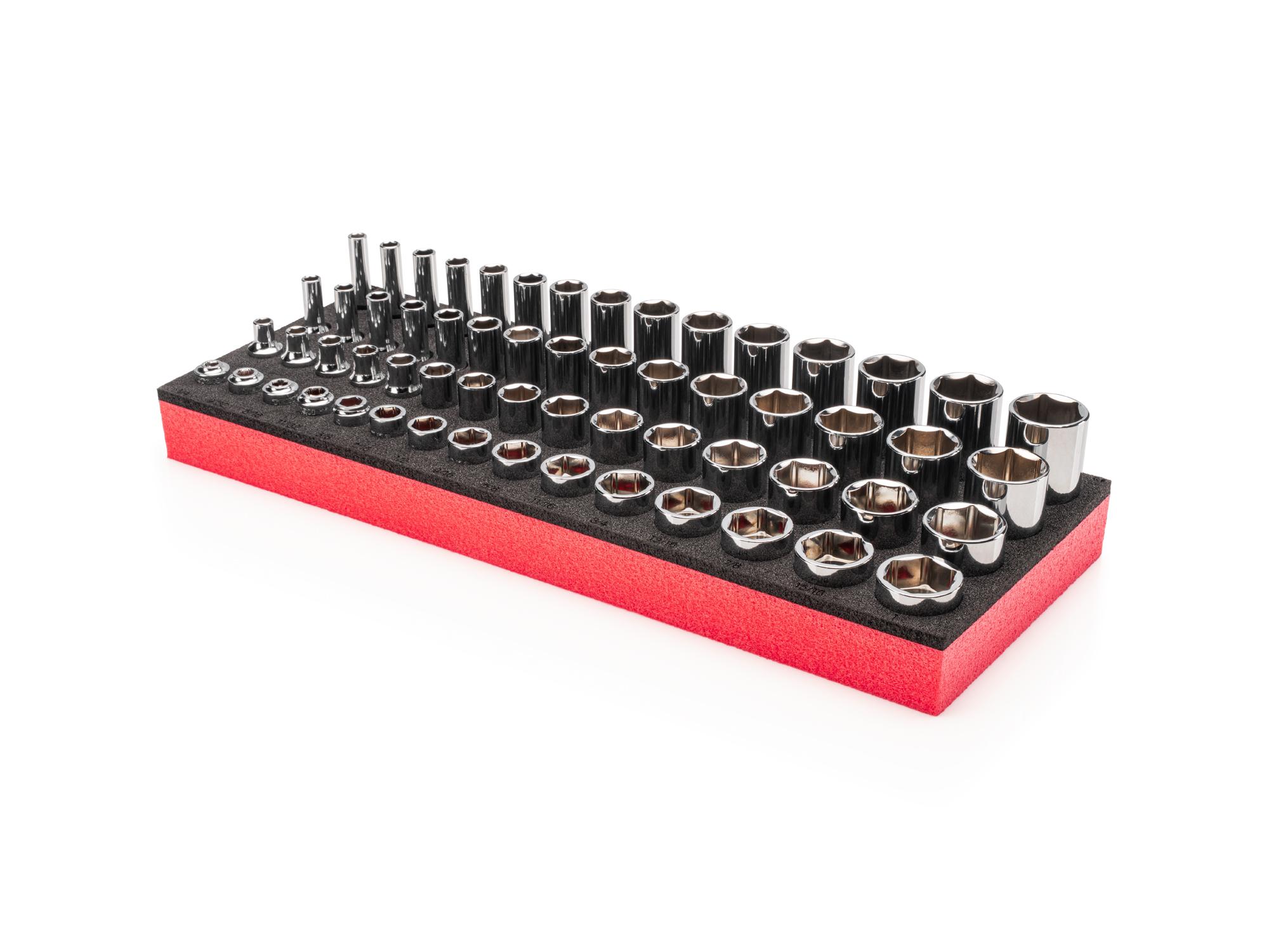 Front-right angle view of Tekton foam hand drive 6-point socket set. Item #SHD91800
