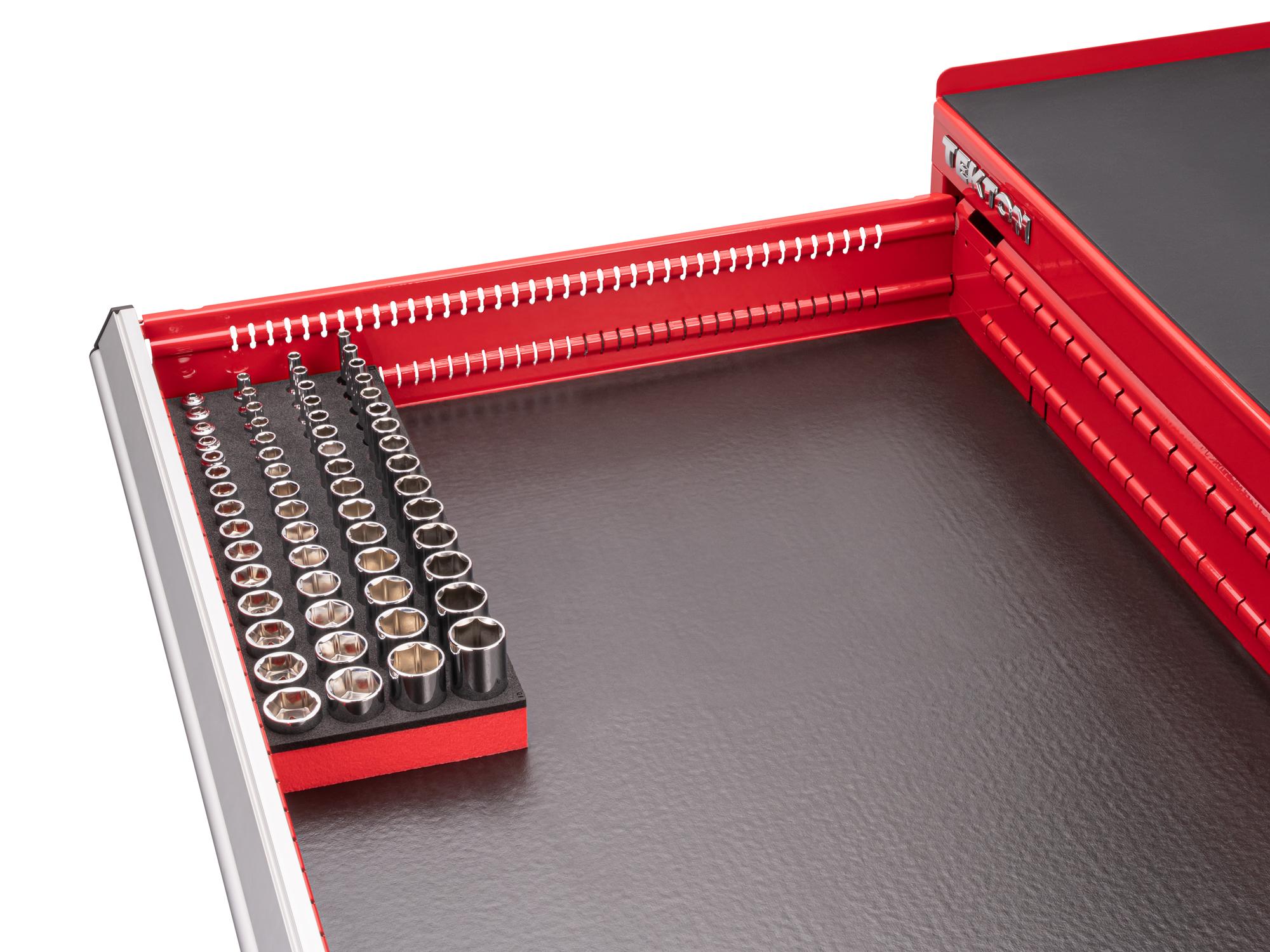 Front angled view of Tekton foam hand drive 6-point socket set in a tool cabinet drawer. Item #SHD91800