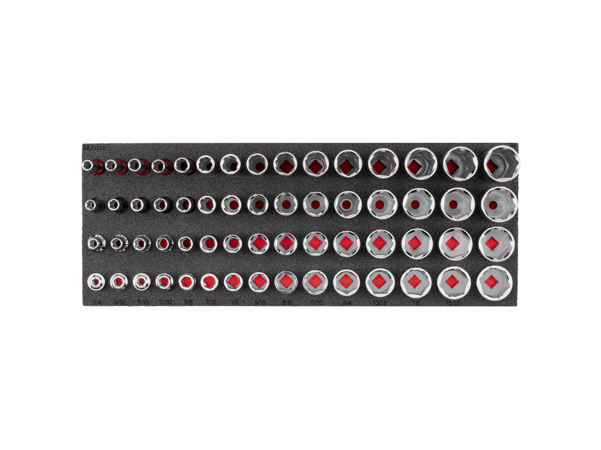 TEKTON 3/8 Inch Drive Extra-Shallow, Shallow, Semi-Deep, and Deep 6-Point Socket Set with 16 x 6 Inch Foam Organizer, 60-Piece (1/4 - 1 in.)