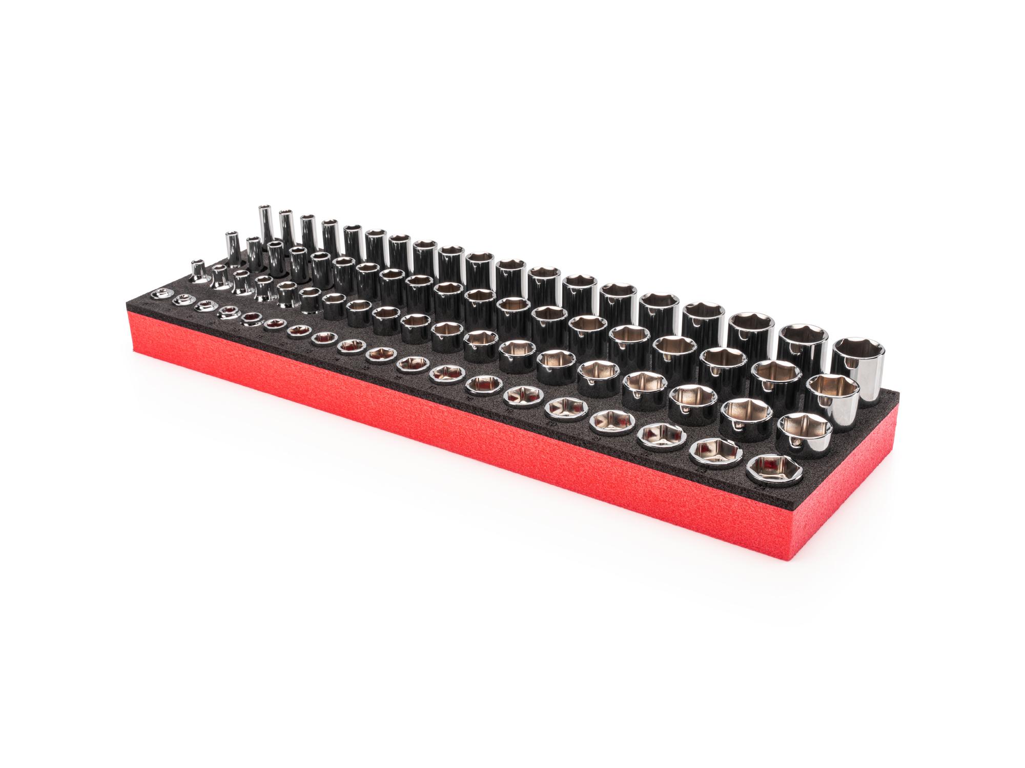 Front-right angle view of Tekton foam hand drive 6-point socket set. Item #SHD91801