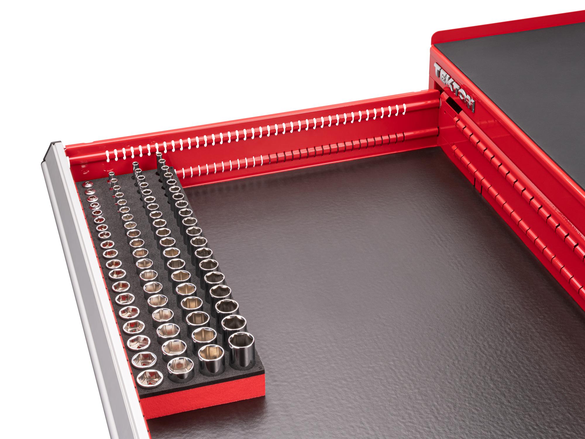 Front angled view of Tekton foam hand drive 6-point socket set in a tool cabinet drawer. Item #SHD91801