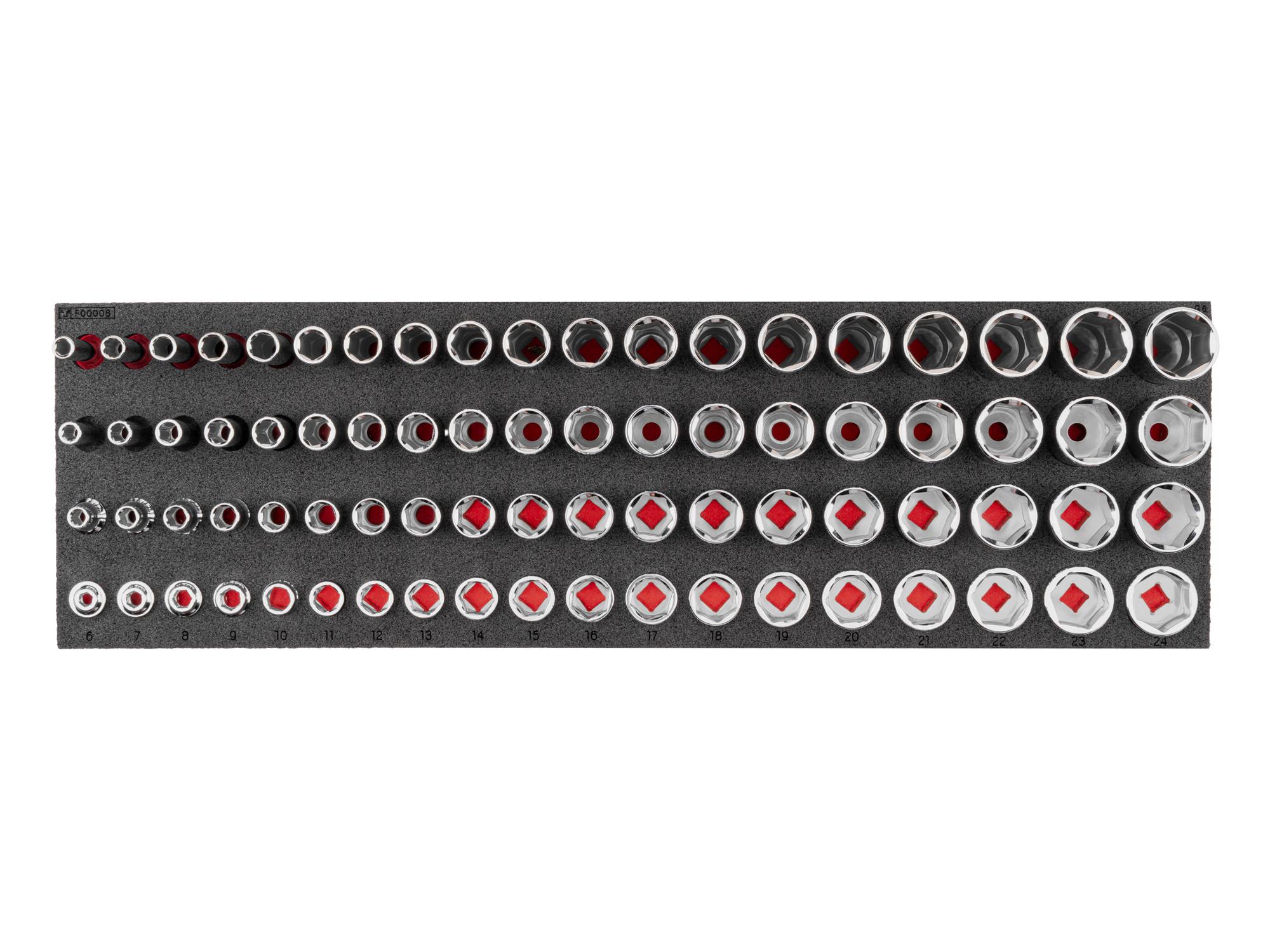 TEKTON 3/8 Inch Drive Extra-Shallow, Shallow, Semi-Deep, and Deep 6-Point Socket Set with 20 x 6 Inch Foam Organizer, 76-Piece (6 - 24 mm)