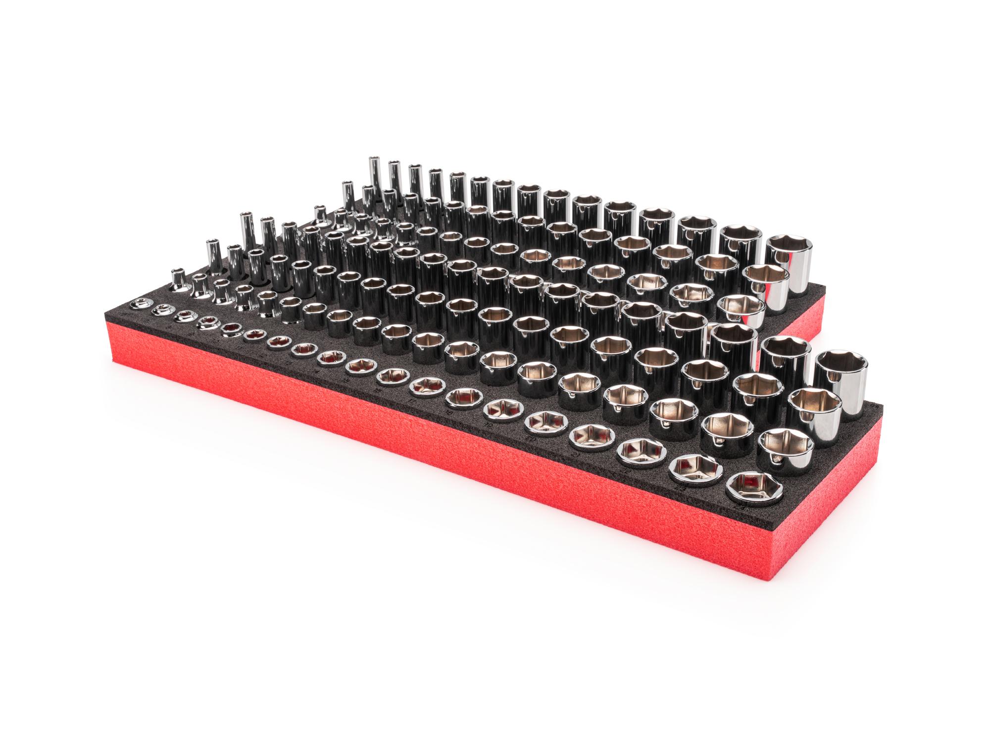 Front-right angle view of Tekton foam hand drive 6-point socket set. Item #SHD91806