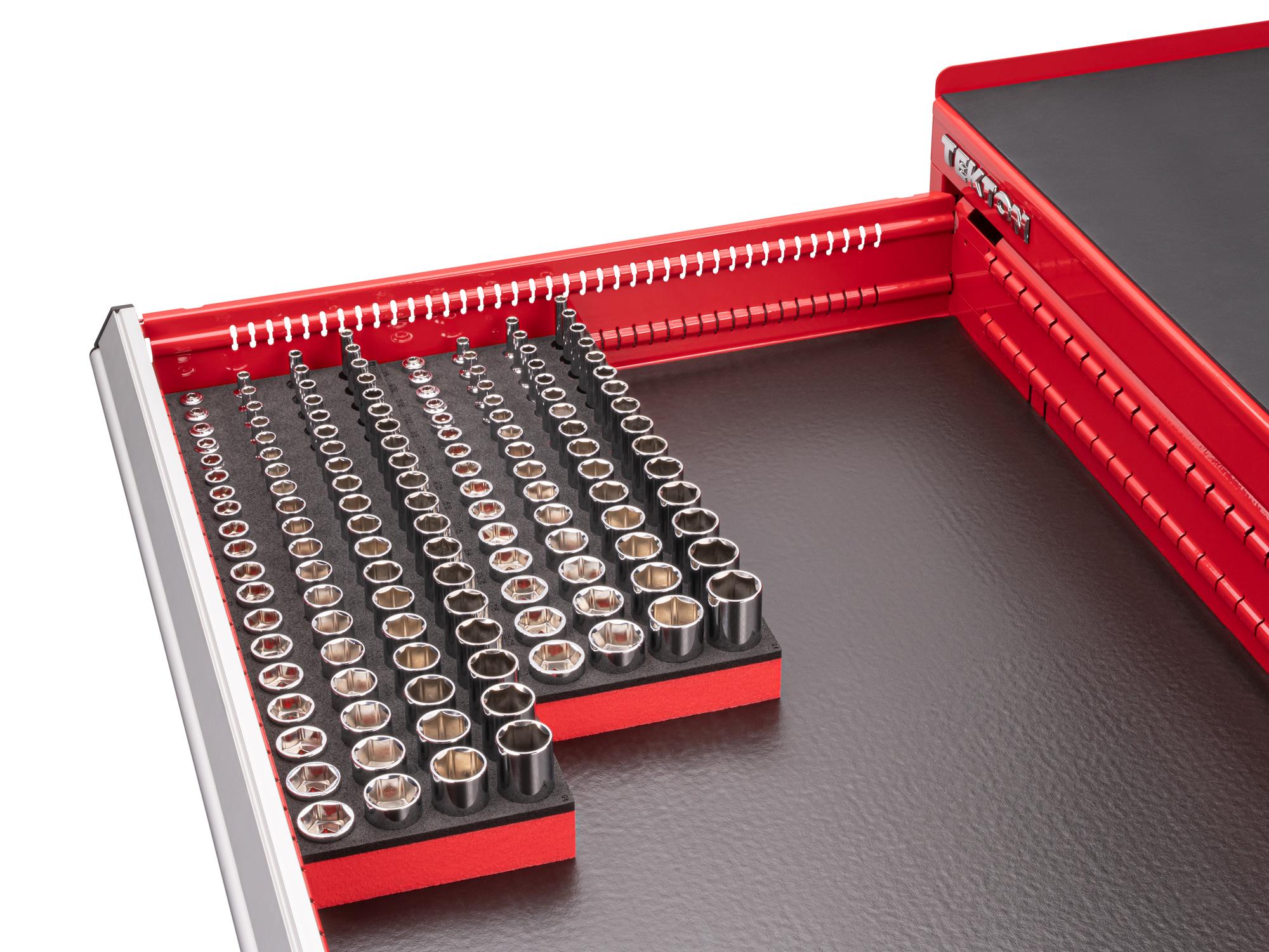 Front angled view of Tekton foam hand drive 6-point socket set in a tool cabinet drawer. Item #SHD91806