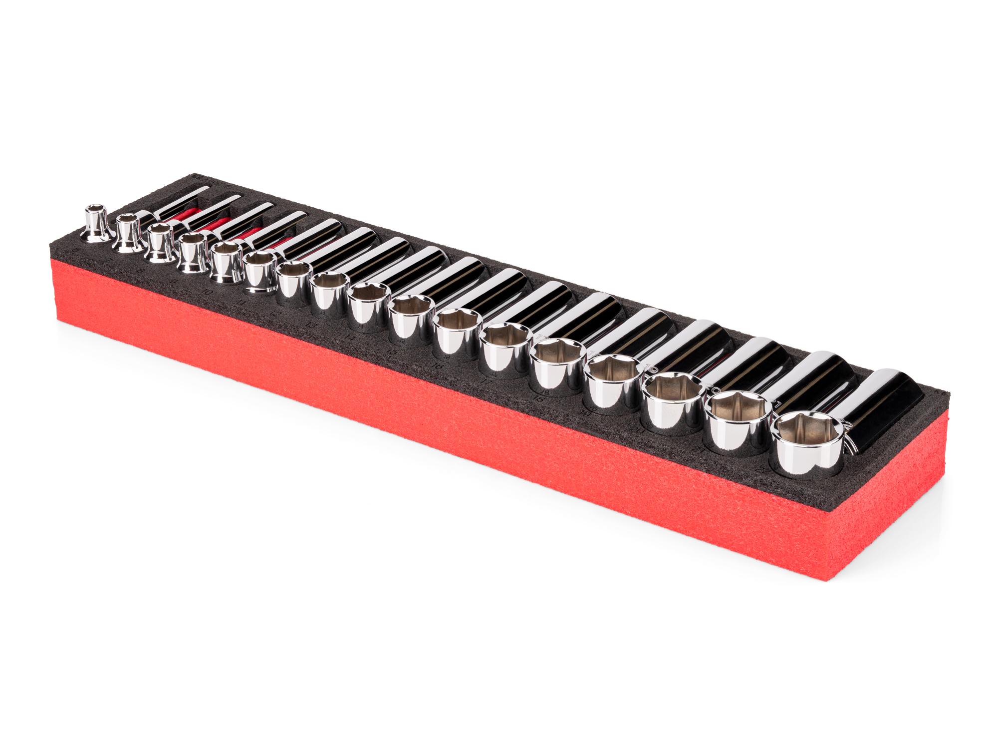 Angled view of red Tekton 3/8 inch drive shallow and deep 6-point socket set with foam organizer. SHD91808
