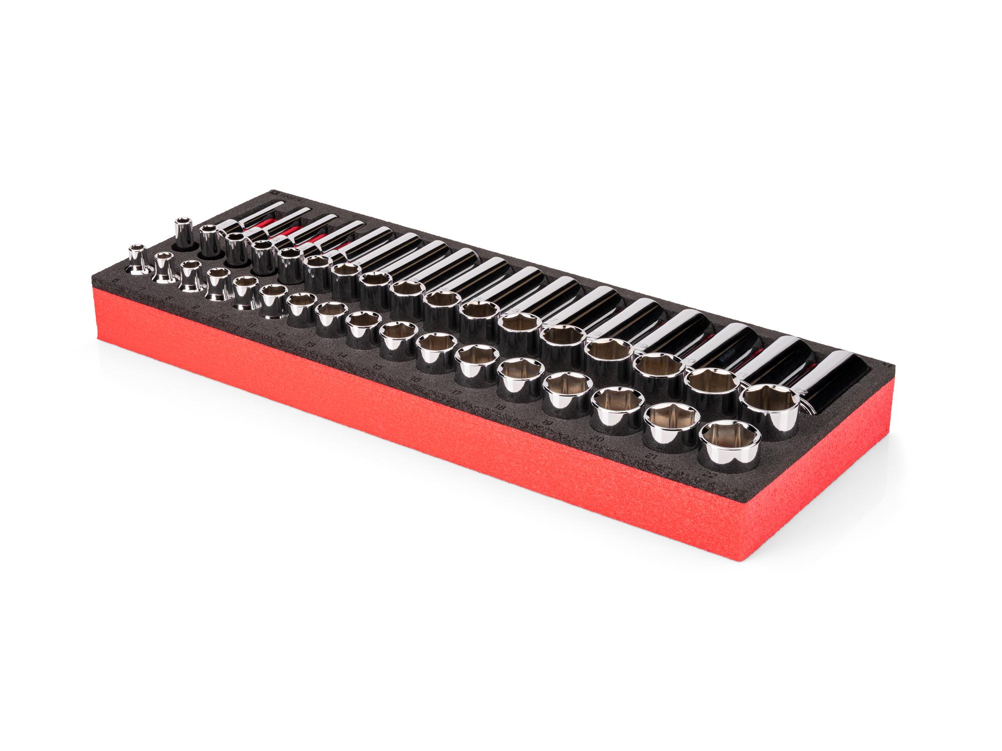 Angled view of red Tekton 3/8 inch drive shallow, semi-deep, and deep 6-point socket set. SHD91809