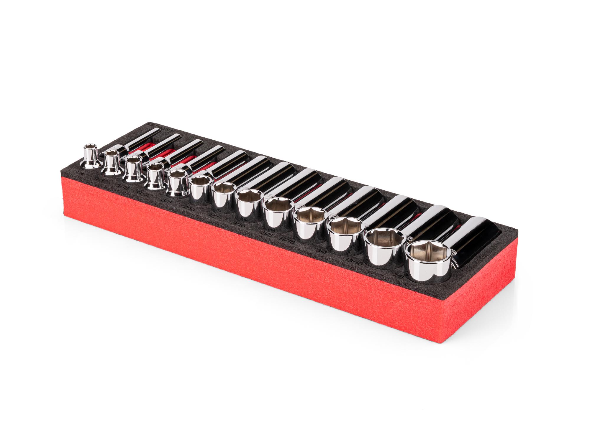 Angled view of red Tekton 3/8 inch drive shallow and deep 6-point socket set. SHD91810