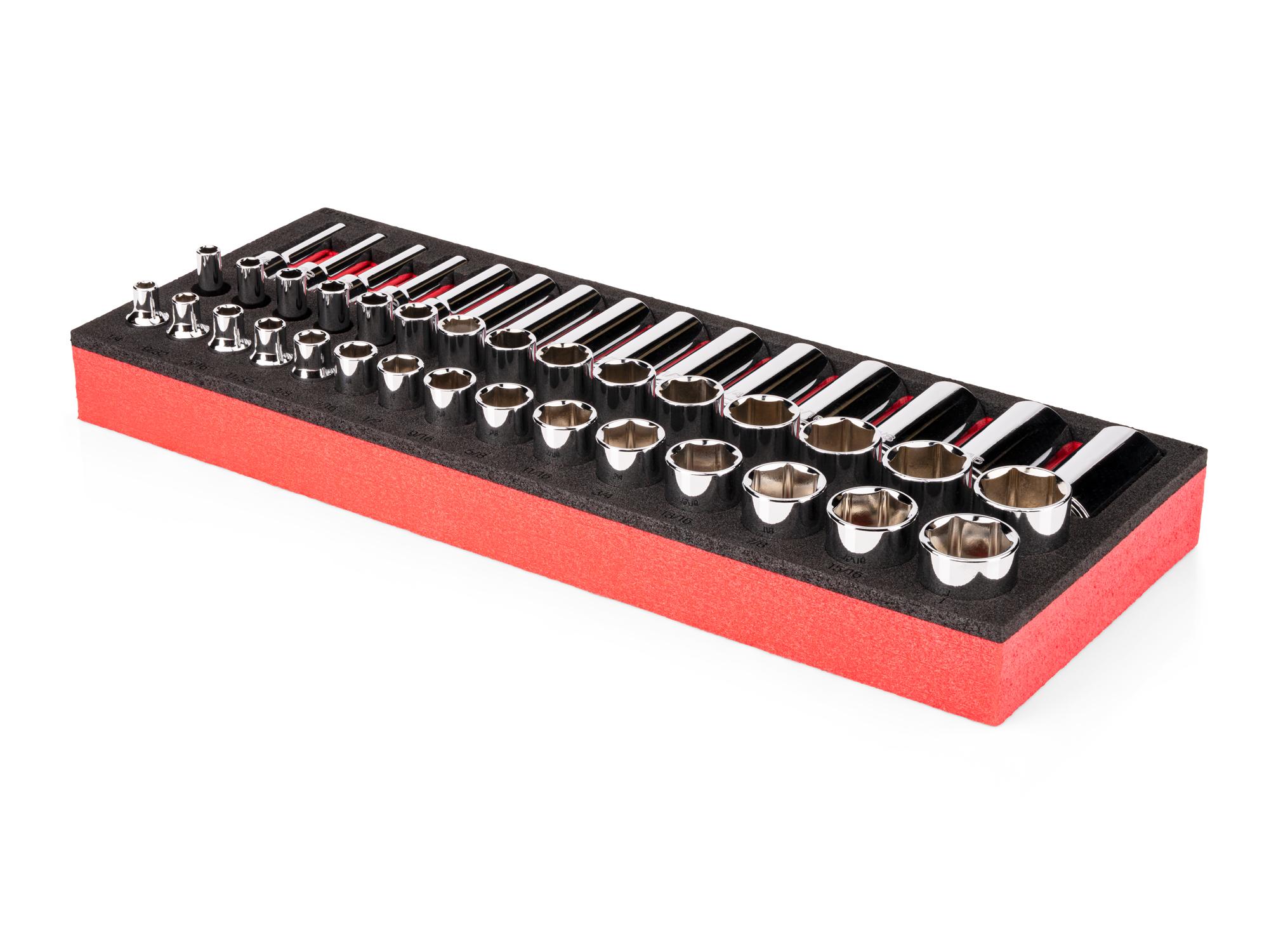Angled view of Tekton 3/8 inch drive shallow, semi-deep, and deep 6-point socket set. SHD91811