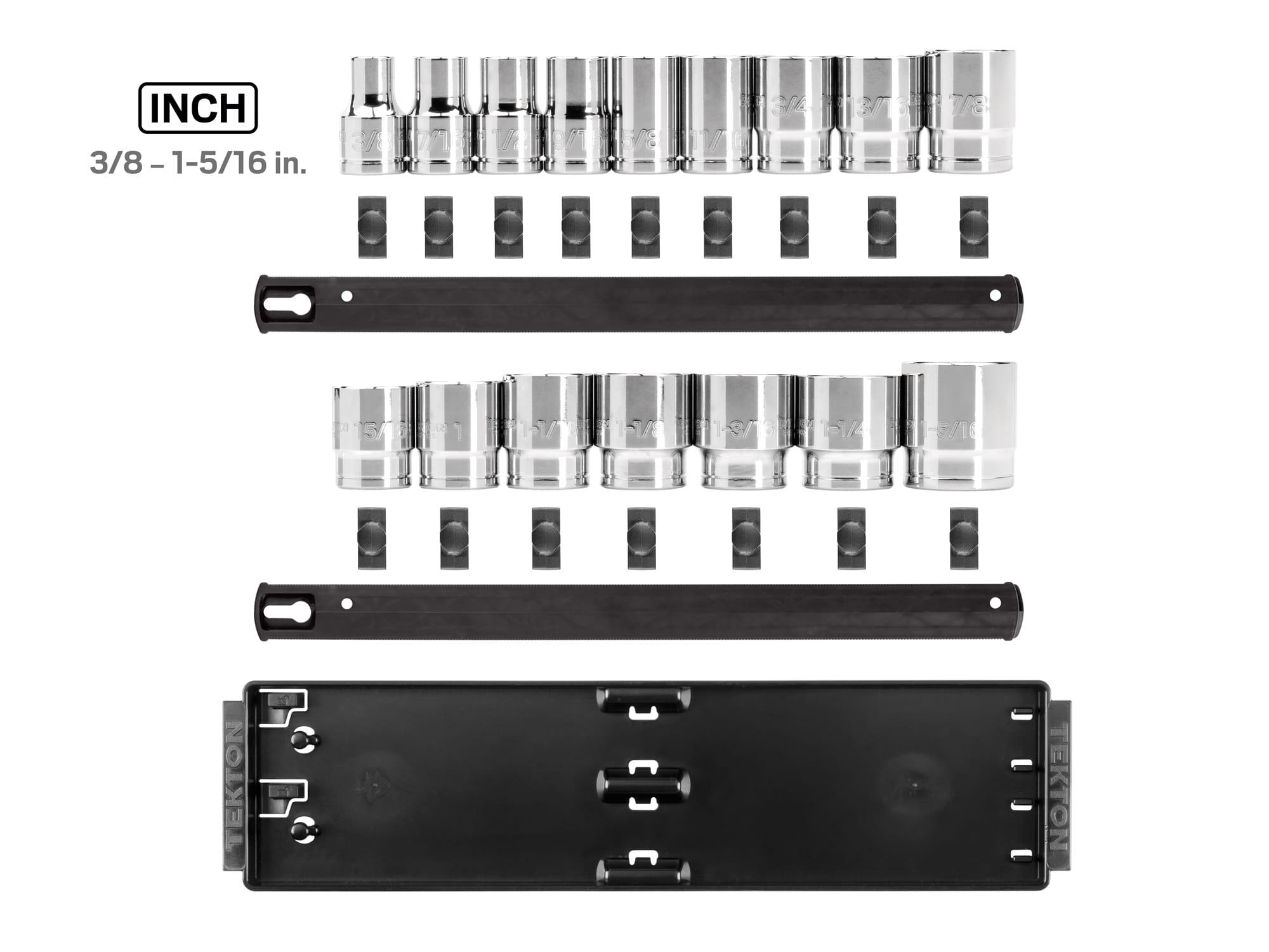 Laid out contents of Tekton rail and tray hand drive 6-point socket set. Item #SHD92001