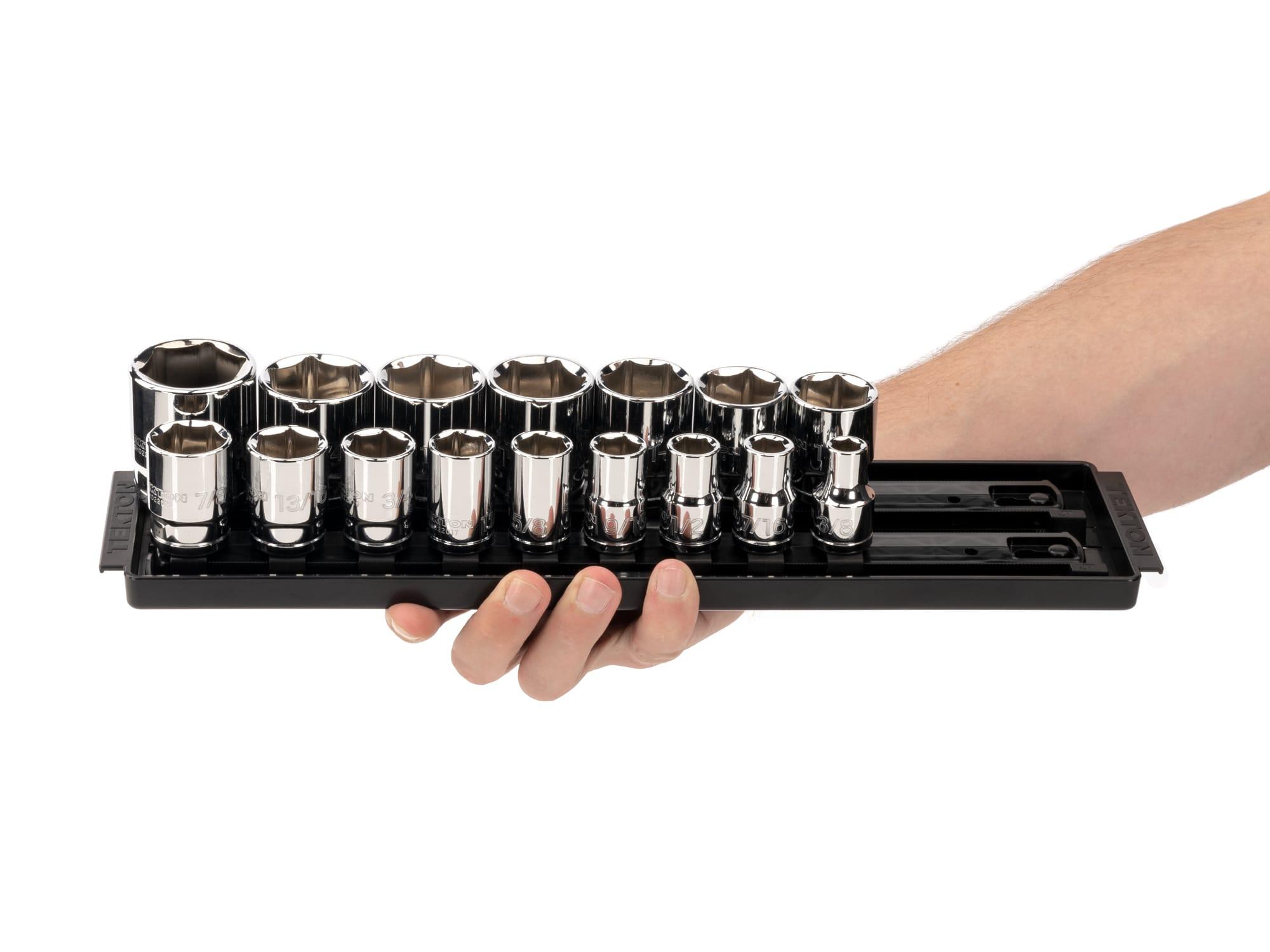 Person holding Tekton rail and tray hand drive 6-point socket set. Item #SHD92001