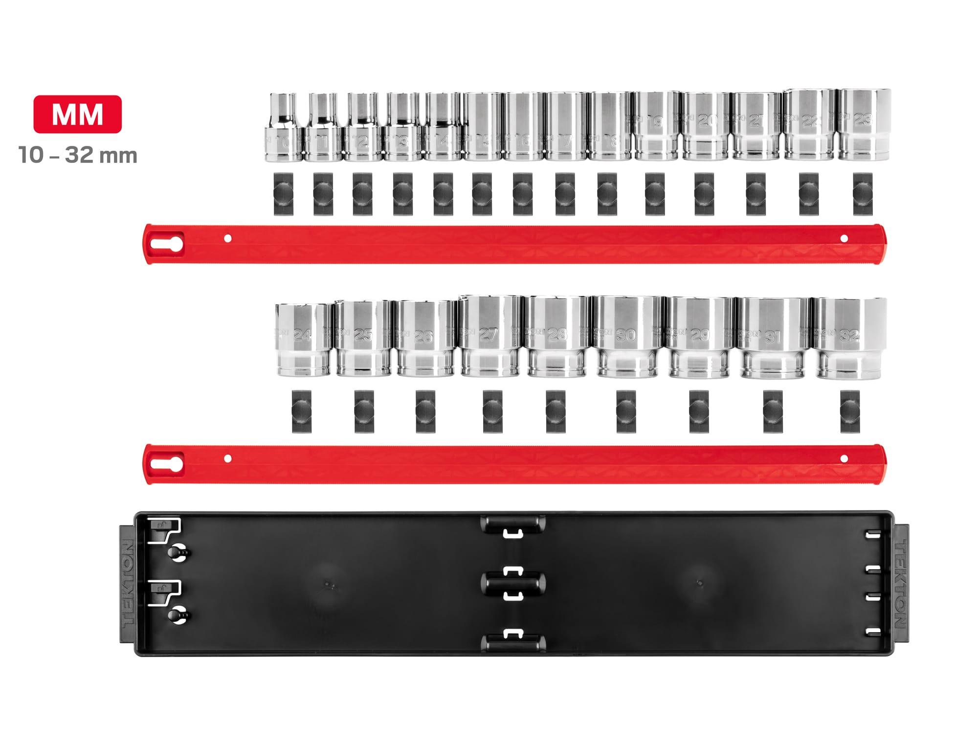 Laid out contents of Tekton rail hand drive 6-point socket set. Item #SHD92002