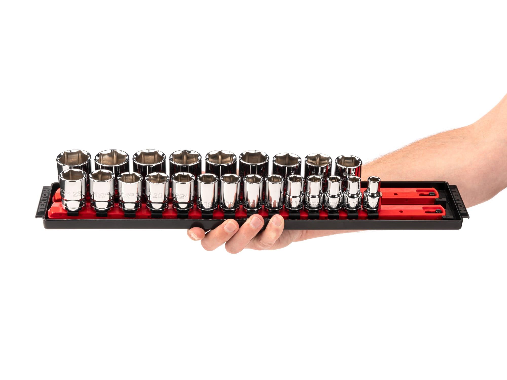 Person holding Tekton rail hand drive 6-point socket set. Item #SHD92002