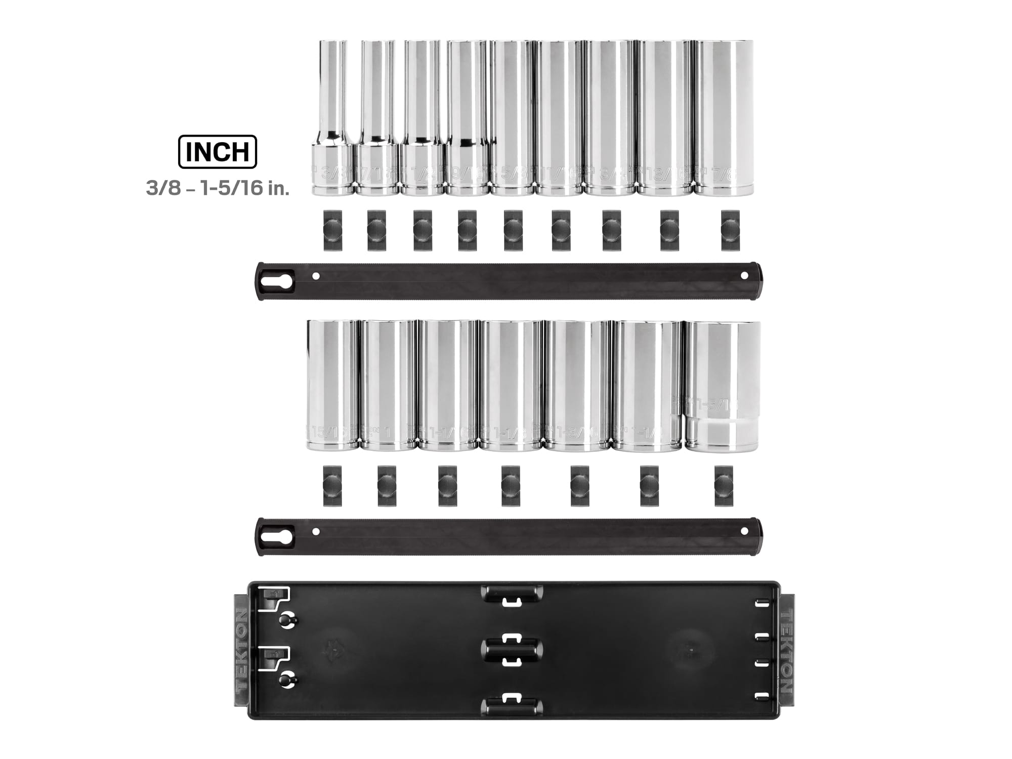 TEKTON 1/2 Inch Drive Deep 6-Point Socket Set with Rails and Tray, 16-Piece (3/8 - 1-5/16 in.)