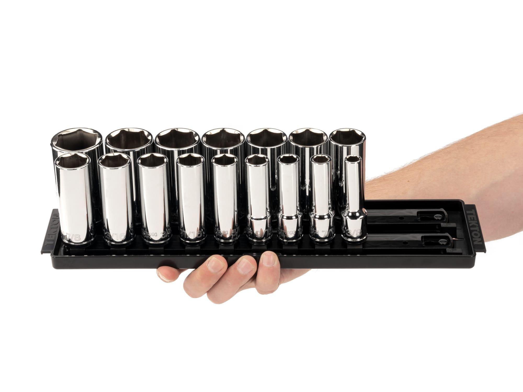Person holding Tekton rail hand drive 6-point socket set. Item #SHD92005