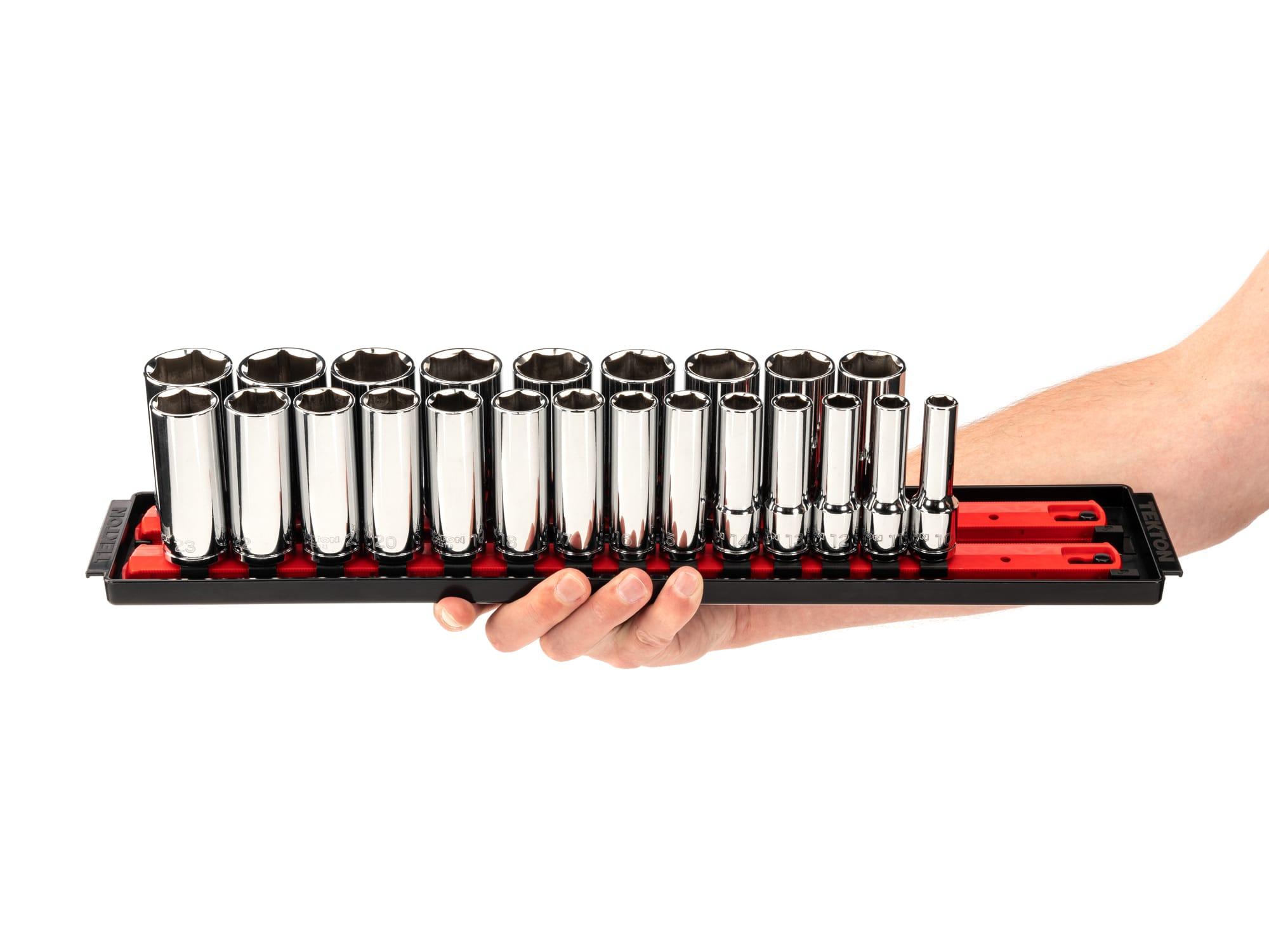 Person holding Tekton rail hand drive 6-point socket set. Item #SHD92006