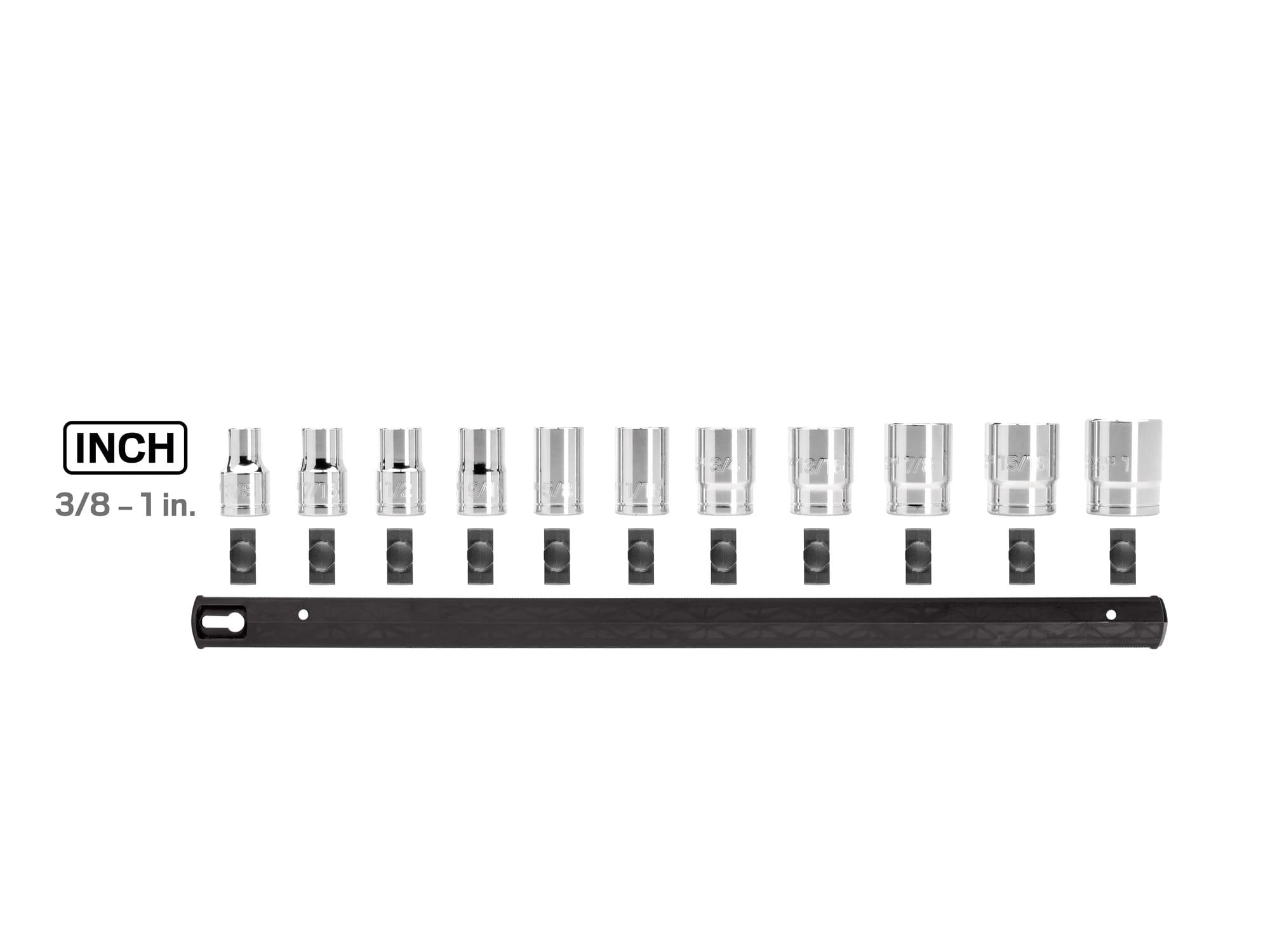 Laid out contents of Tekton rail hand drive 6-point socket set. Item #SHD92101
