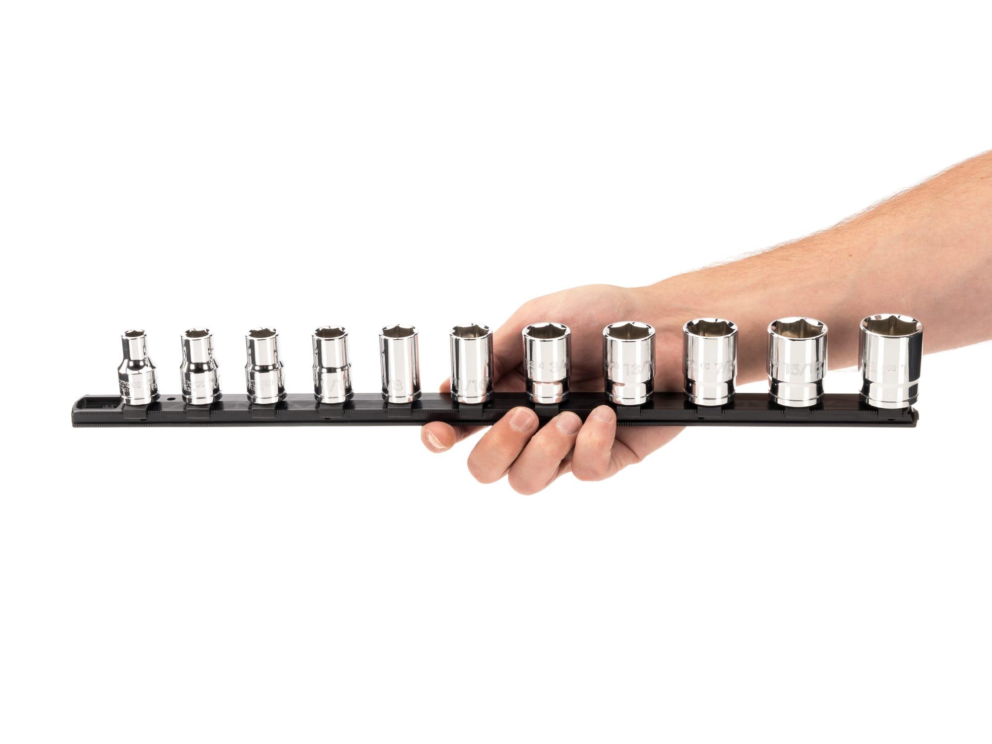 Person holding Tekton rail hand drive 6-point socket set. Item #SHD92101