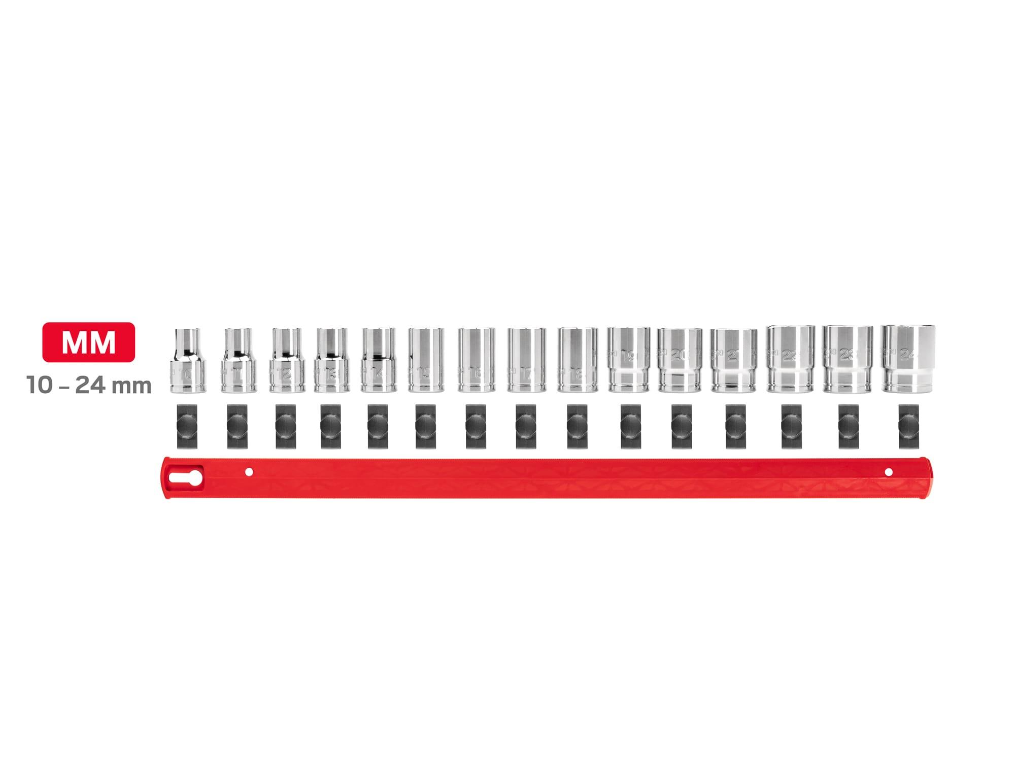 Laid out contents of Tekton rail hand drive 6-point socket set. Item #SHD92102