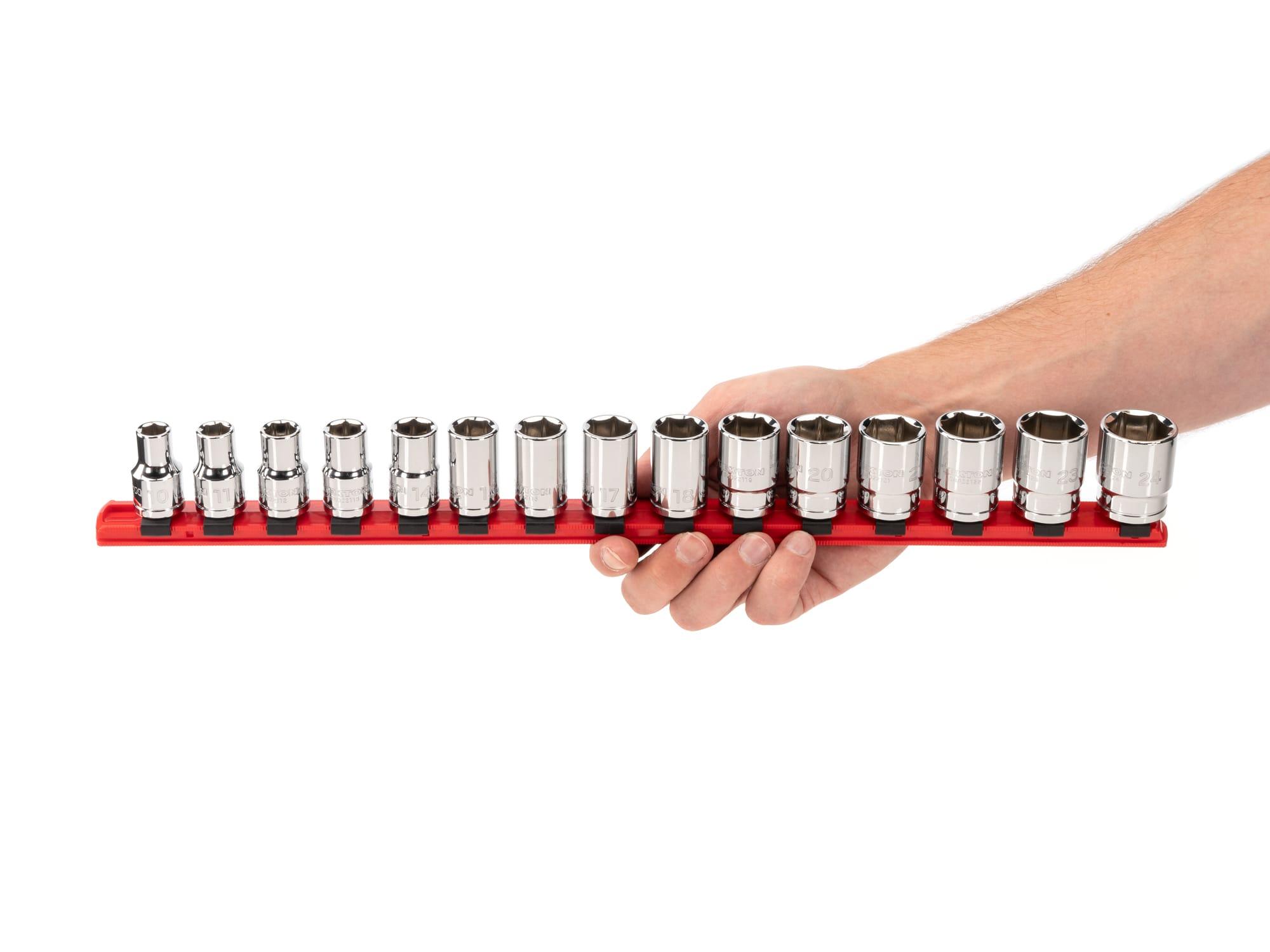 Person holding Tekton rail hand drive 6-point socket set. Item #SHD92102