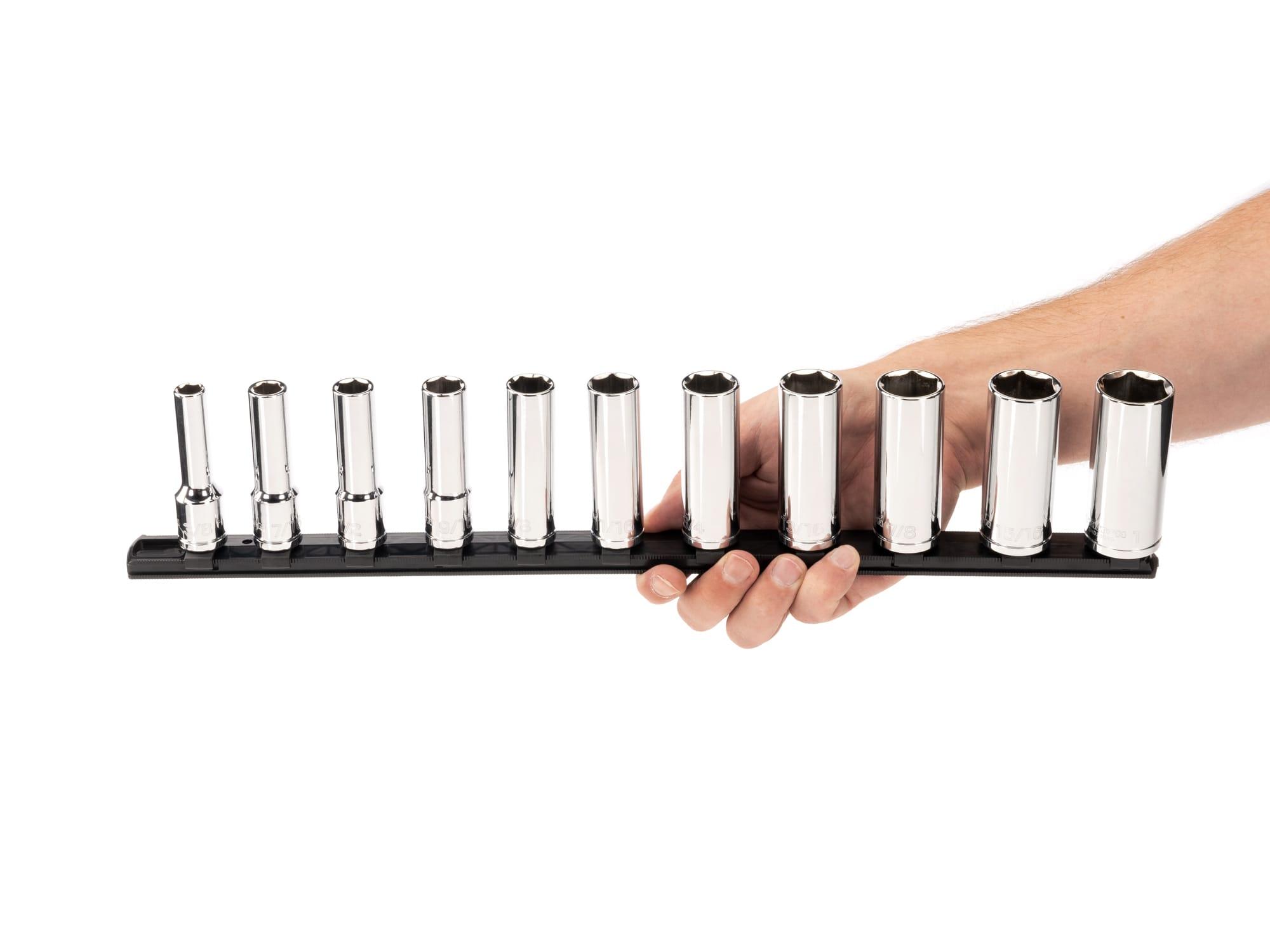 Person holding Tekton rail hand drive 6-point socket set. Item #SHD92105