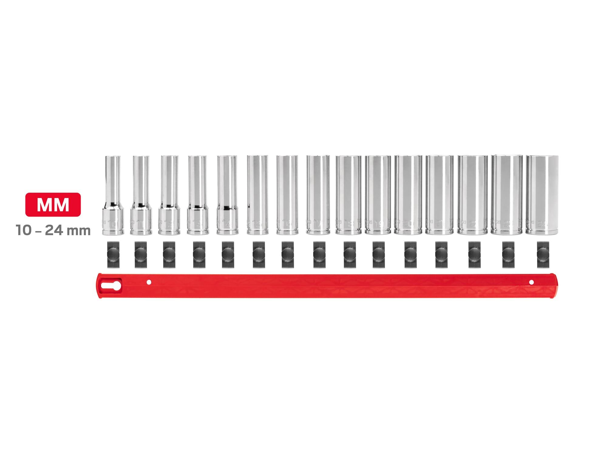 Laid out contents of Tekton rail hand drive 6-point socket set. Item #SHD92106