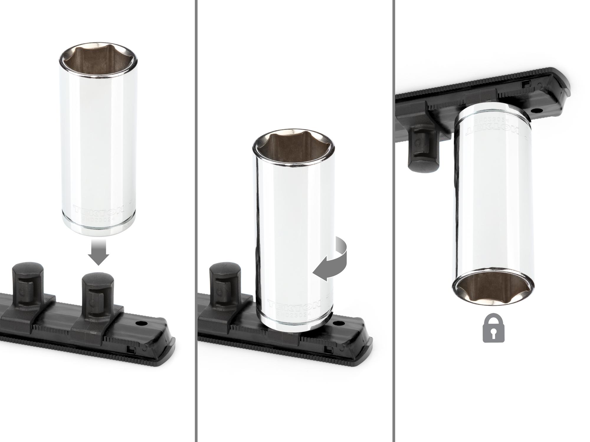 Includes: 15/16 - 1-1/2 inch (SAE) 6-point deep sockets. No skipped sizes. Comes with rail and tray storage. SHD92113.