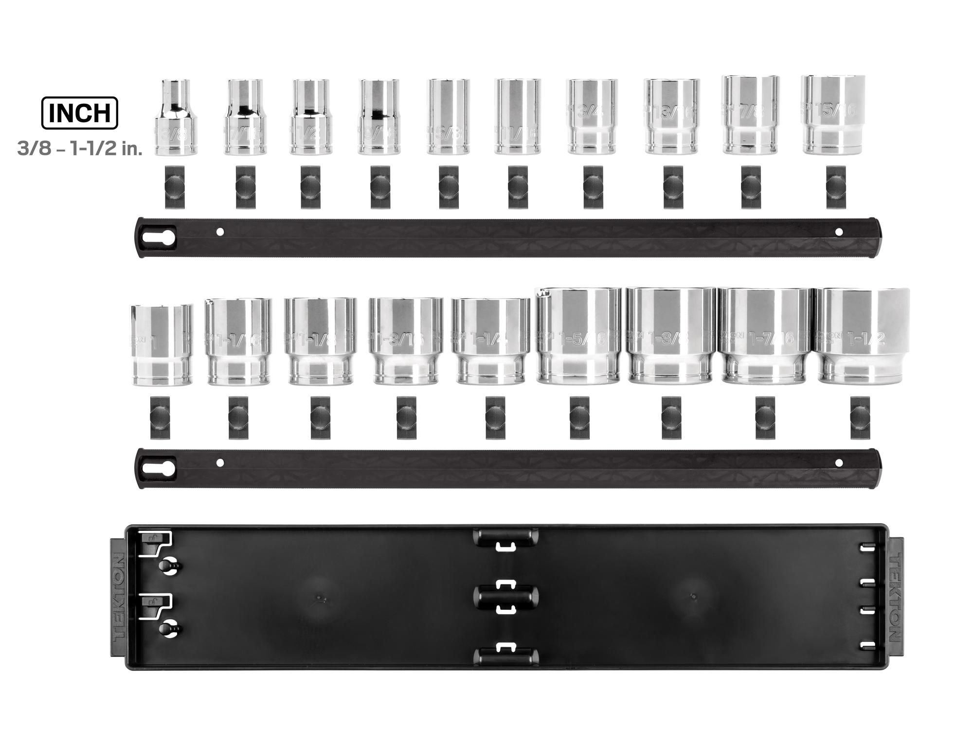 Laid out contents of Tekton rail hand drive 6-point socket set. Item #SHD92122