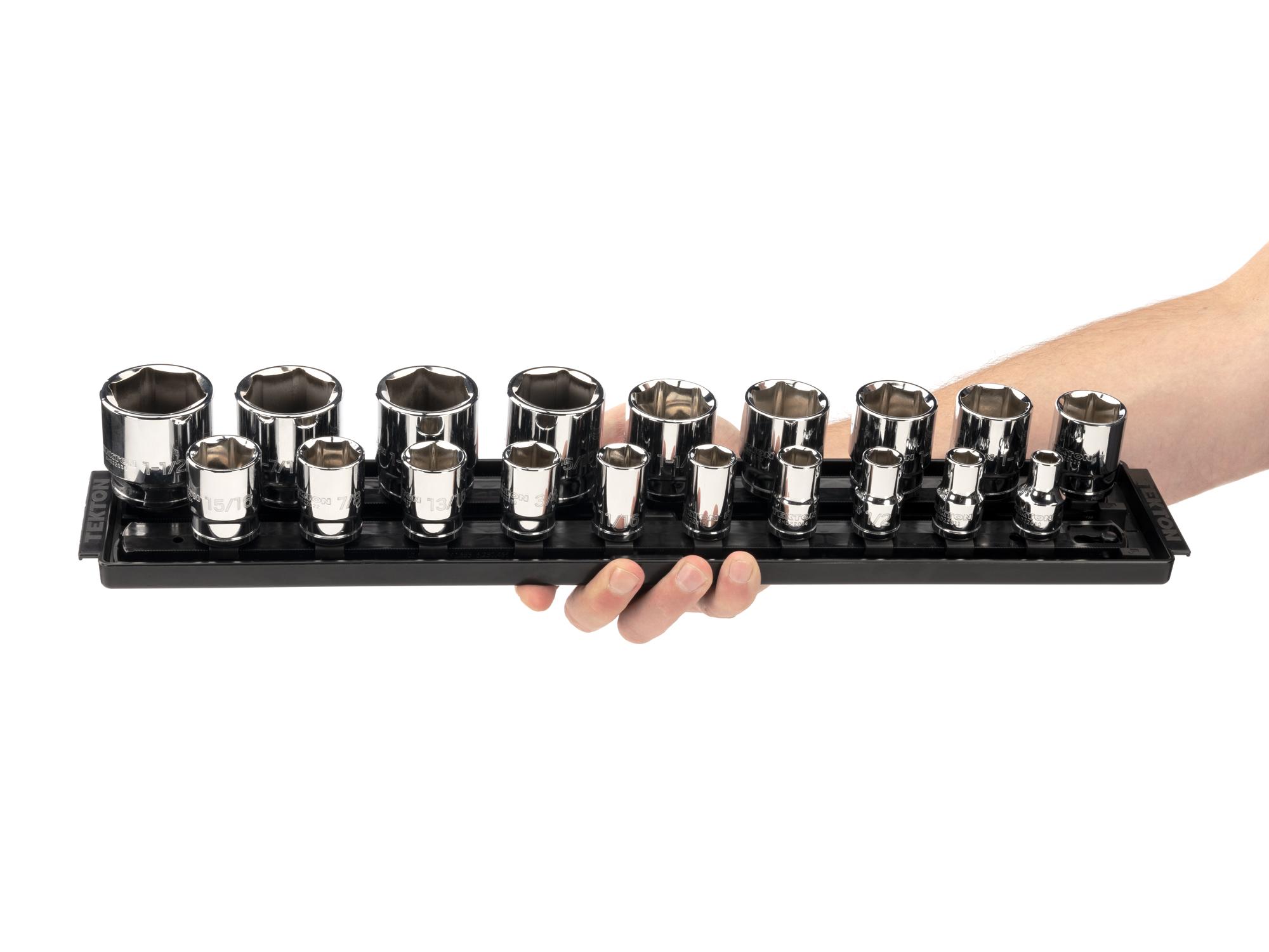 Person holding Tekton rail hand drive 6-point socket set. Item #SHD92122
