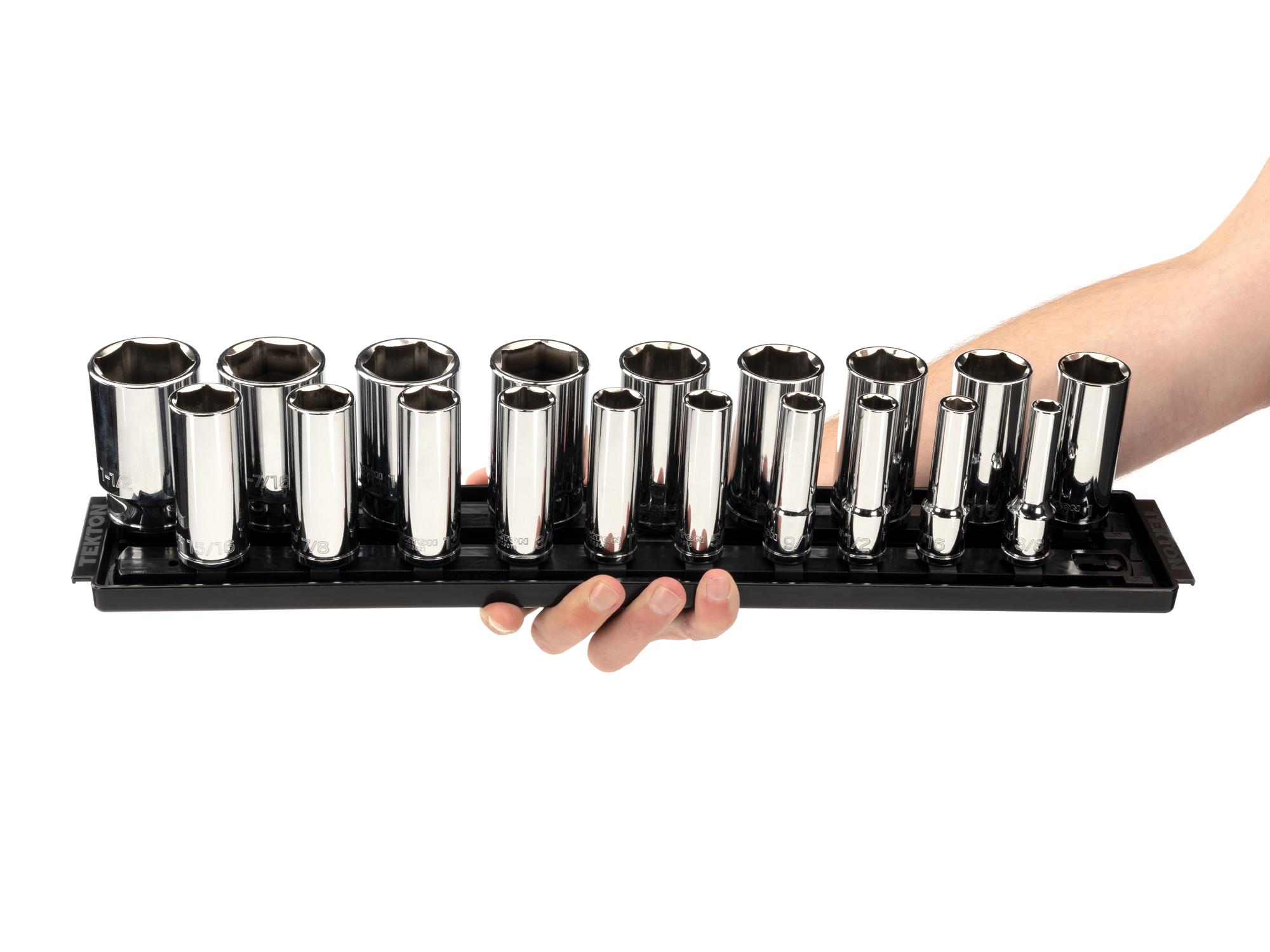 Person holding Tekton rail hand drive 6-point socket set. Item #SHD92123