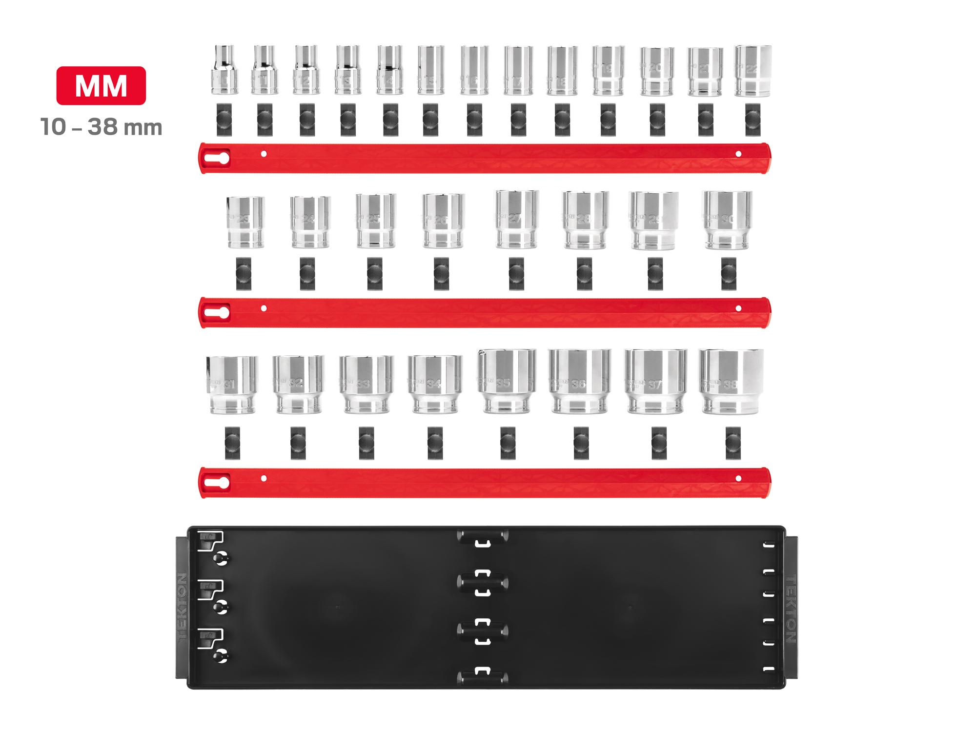 Laid out contents of Tekton rail hand drive 6-point socket set. Item #SHD92124