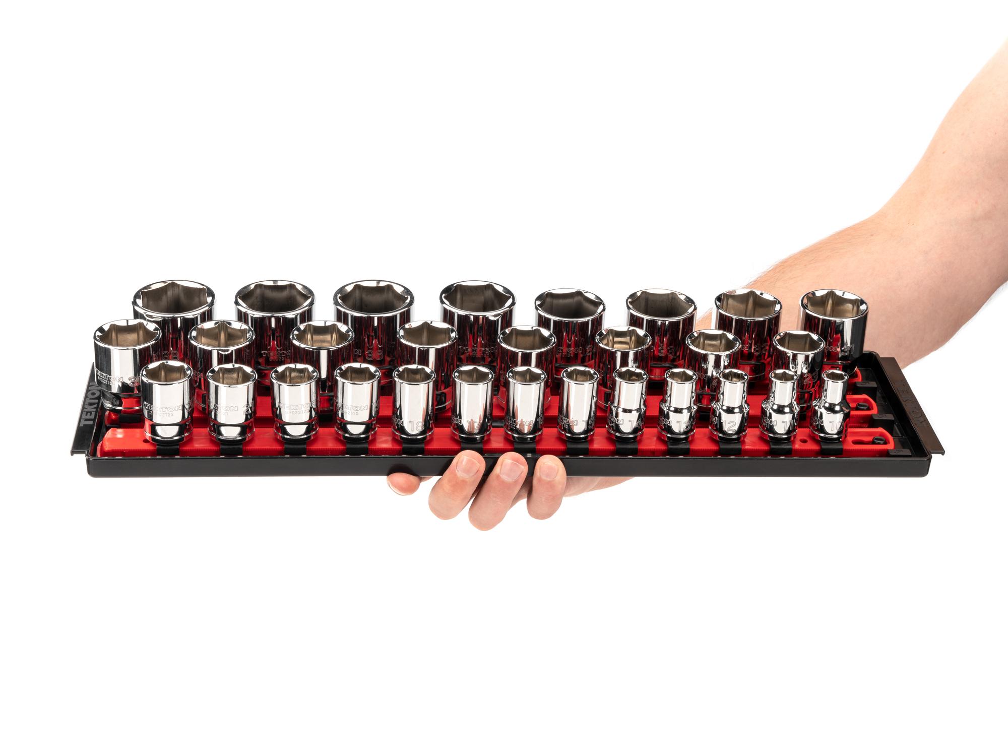 Person holding Tekton rail hand drive 6-point socket set. Item #SHD92124