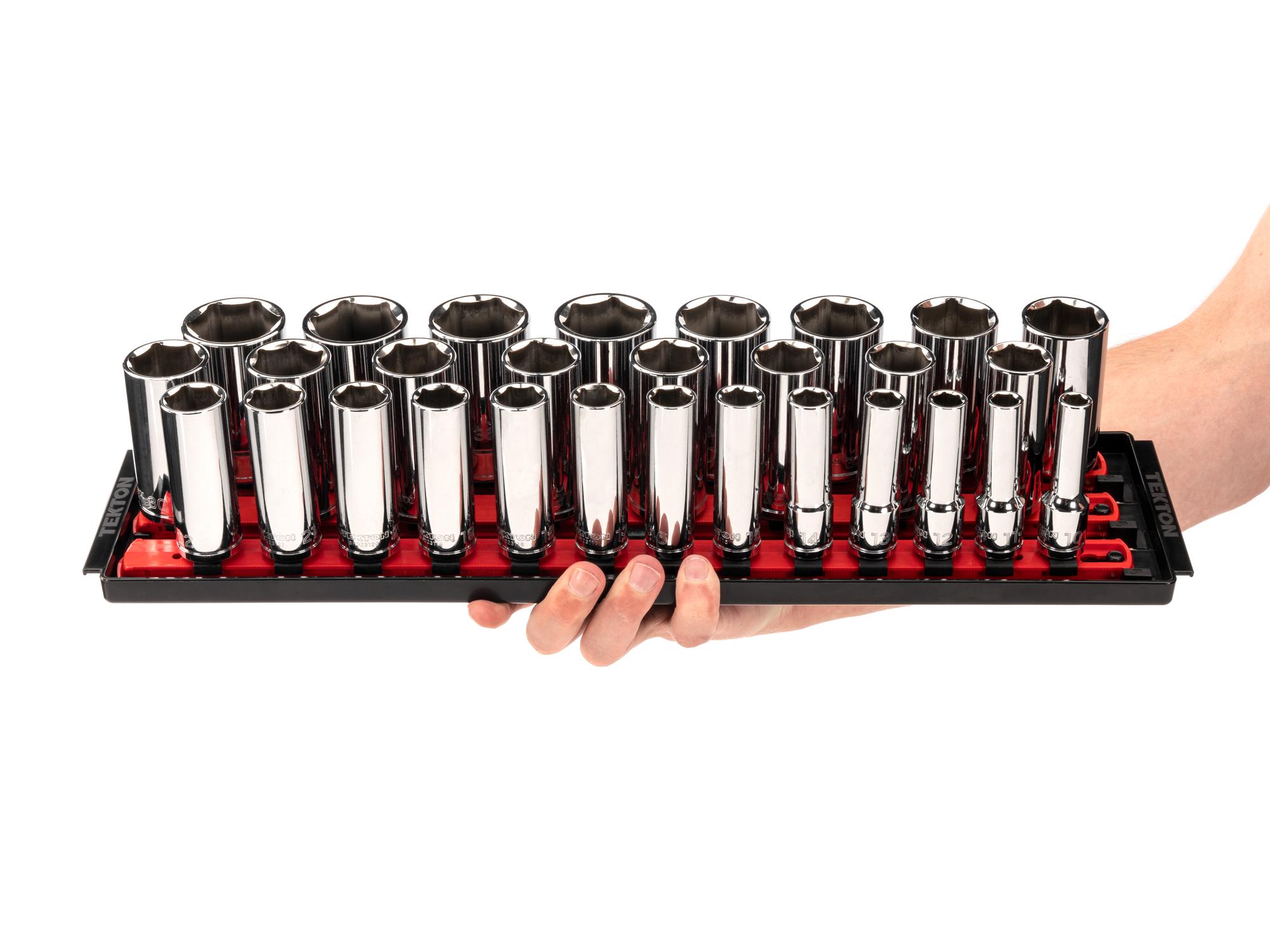 Person holding Tekton rail hand drive 6-point socket set. Item #SHD92125