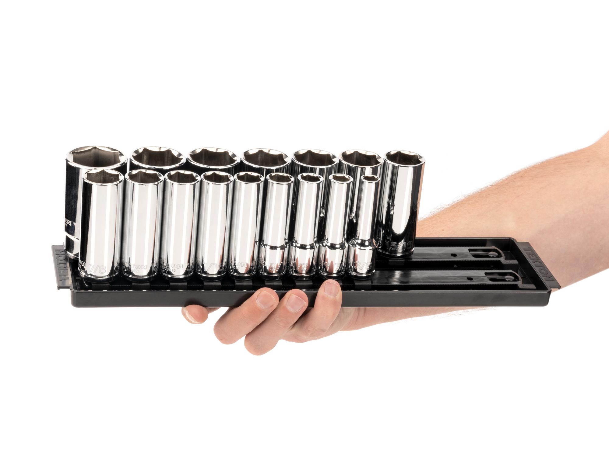 Person holding Tekton rail hand drive 6-point socket set. Item #SHD92205