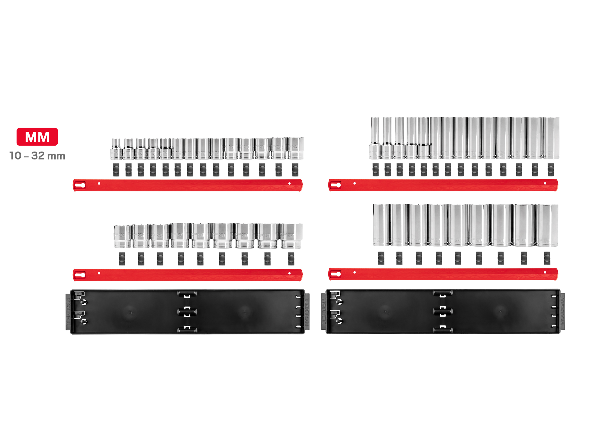 Set includes 10–32 mm (metric) 6-point standard and deep length sockets. Comes with organization rails and trays. No skipped sizes. SHD92207.