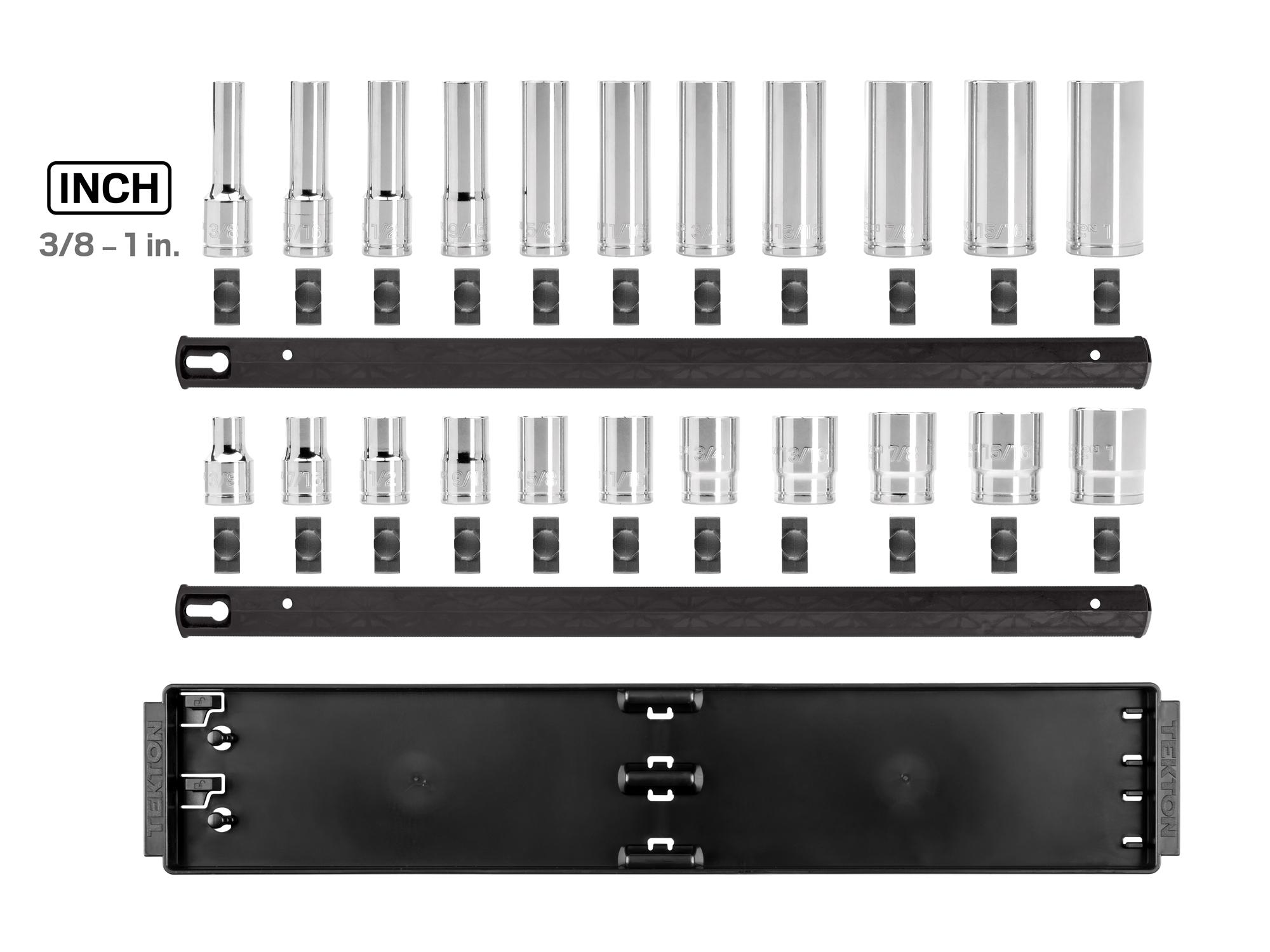 Laid out contents of Tekton rail hand drive 6-point socket set. Item #SHD92209
