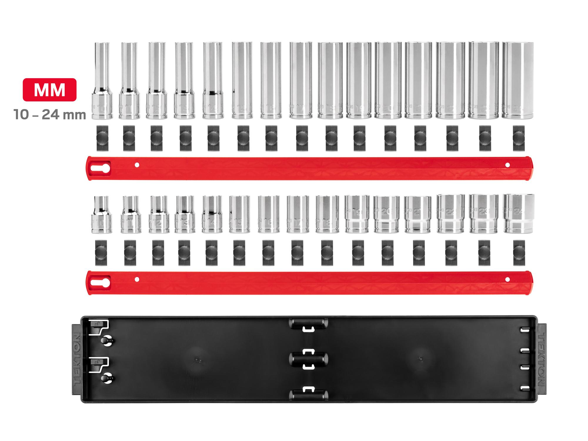 Laid out contents of Tekton rail hand drive 6-point socket set. Item #SHD92211