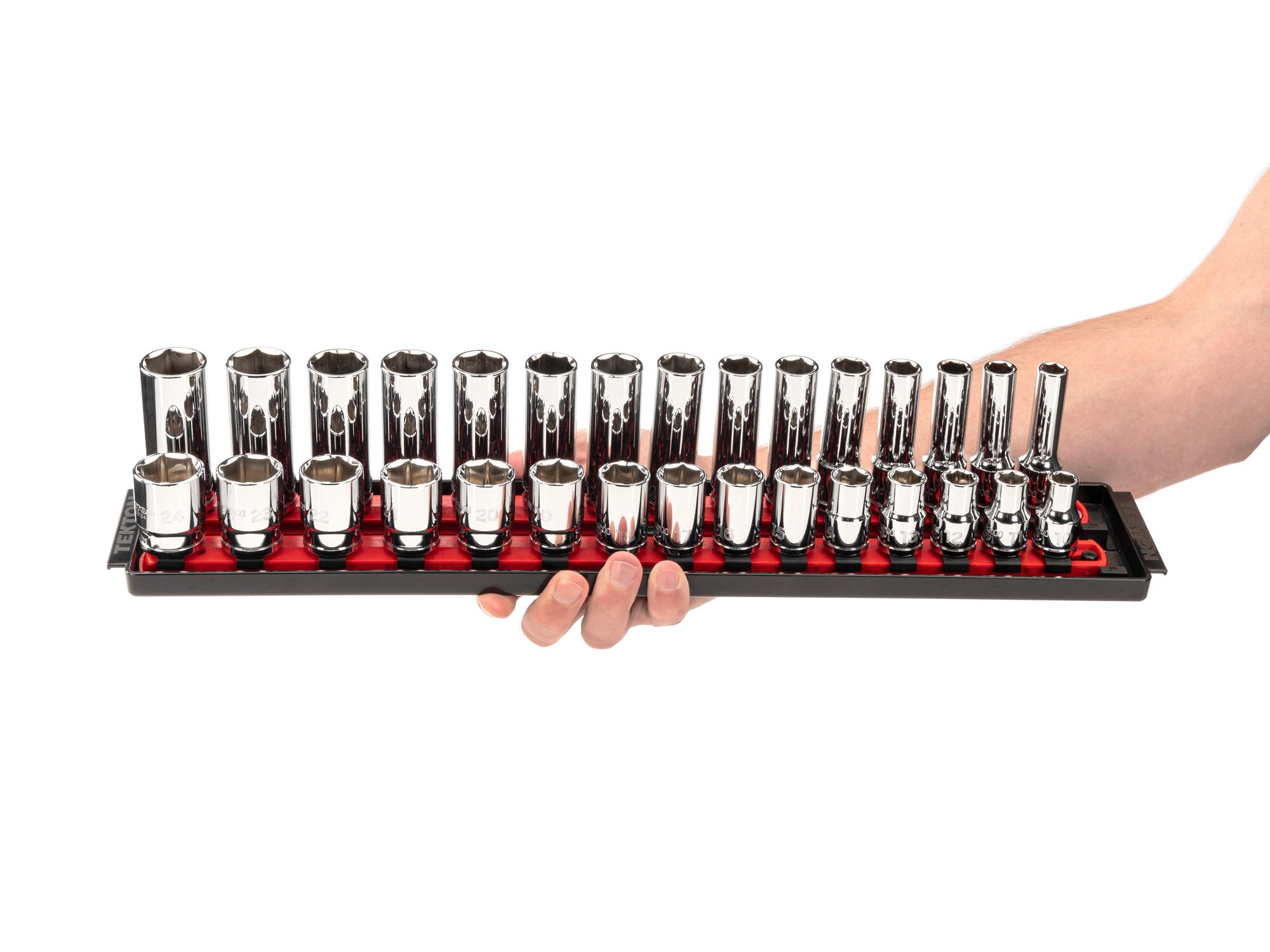 Person holding Tekton rail hand drive 6-point socket set. Item #SHD92211