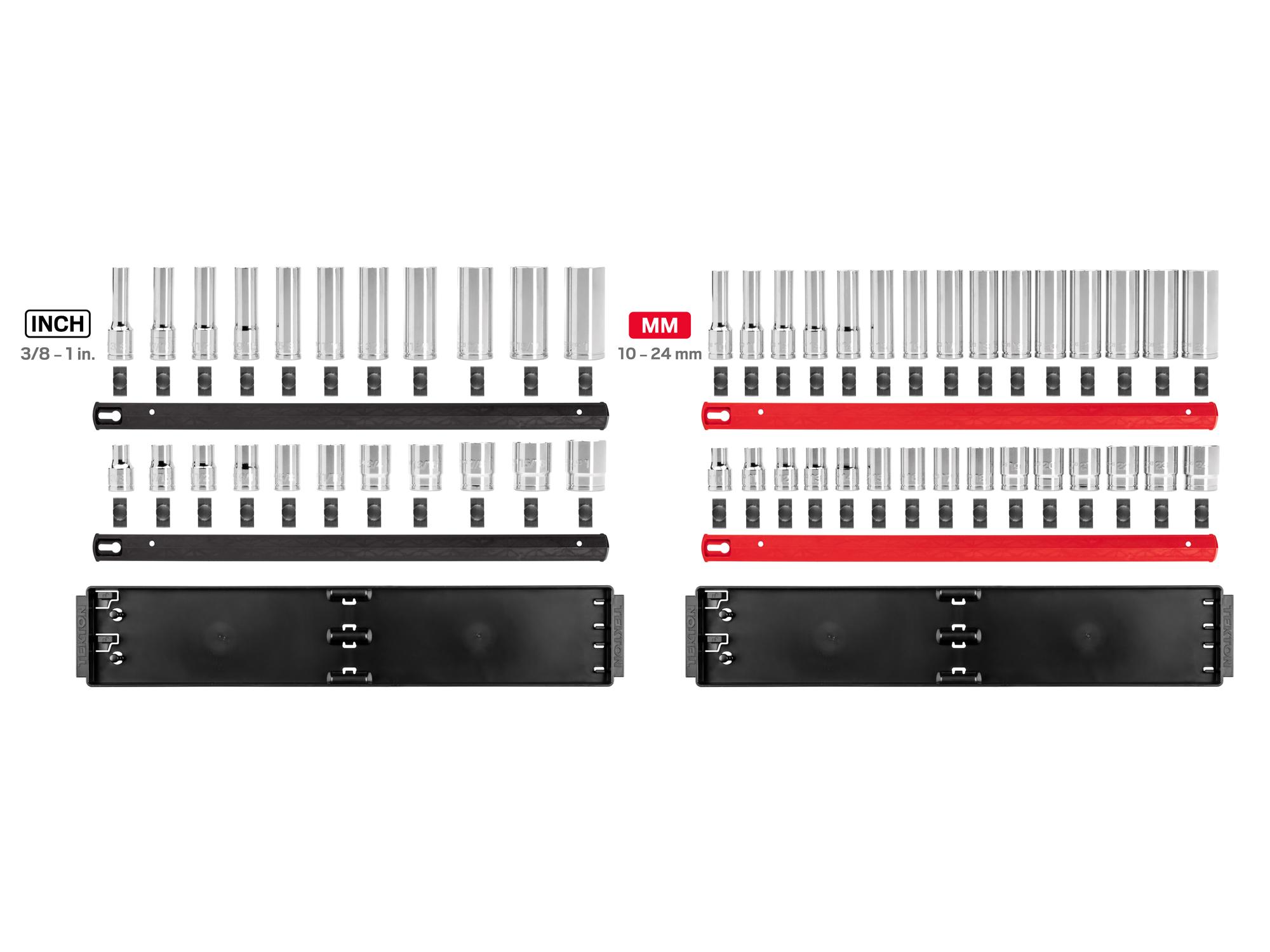 Laid out contents of Tekton rail hand drive 6-point socket set. Item #SHD92213