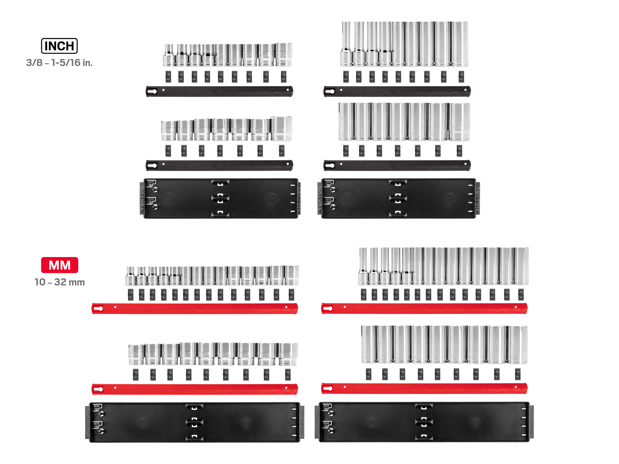 Set includes 3/8–1-5/16 inch (SAE), 10–32 mm (metric) 6-point standard and deep length sockets. Comes with organization rails and tray. No skipped sizes. SHD92215.