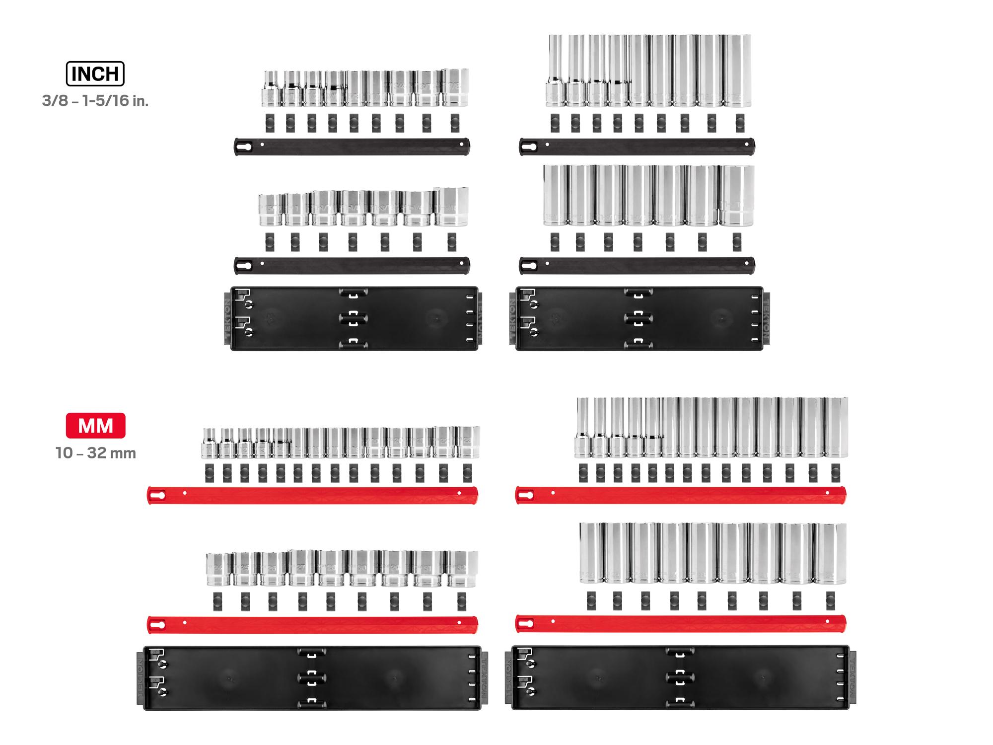 Laid out contents of Tekton rail hand drive 6-point socket set. Item #SHD92215