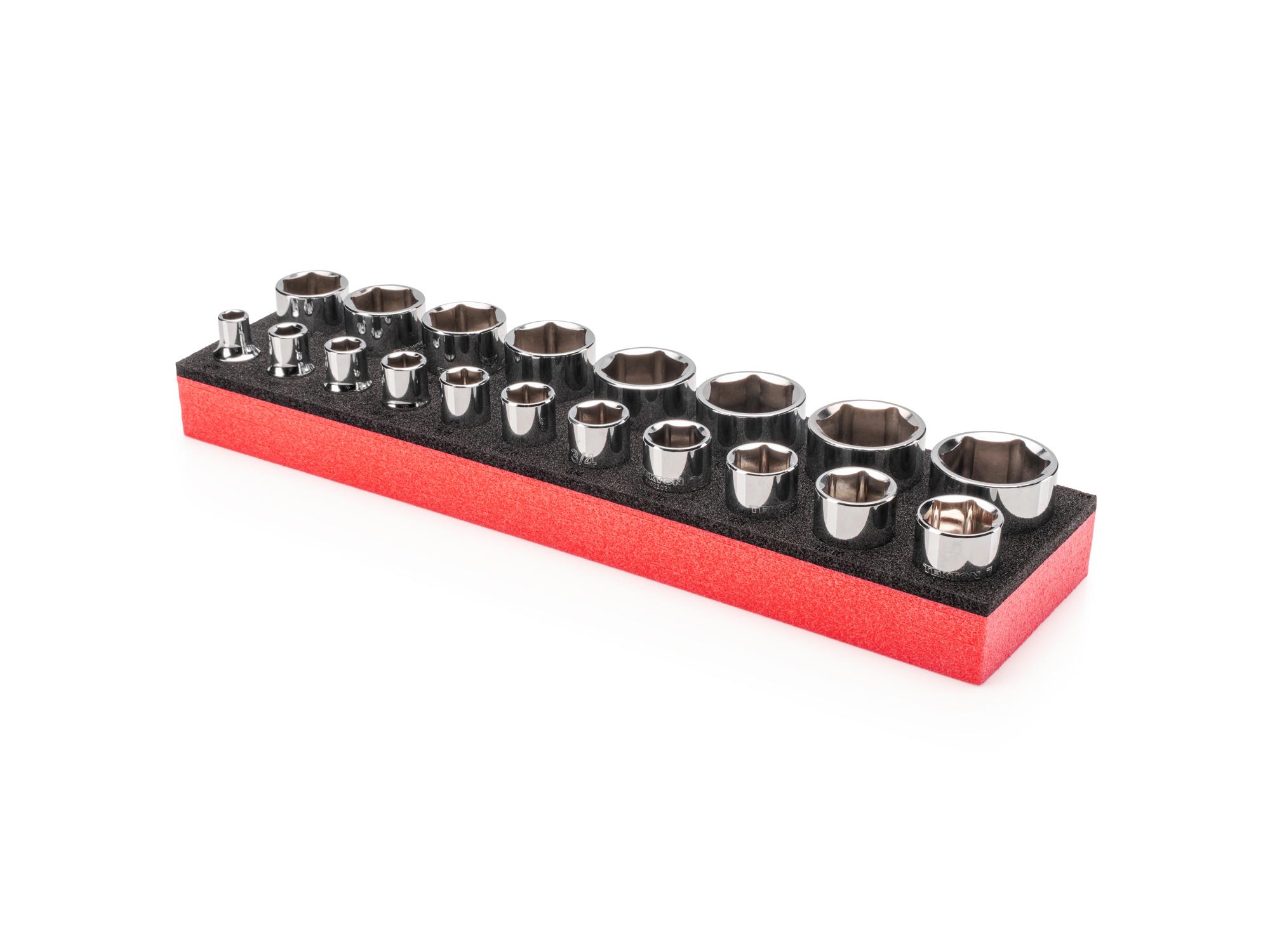 Front-right angle view of Tekton foam hand drive 6-point socket set. Item #SHD92800