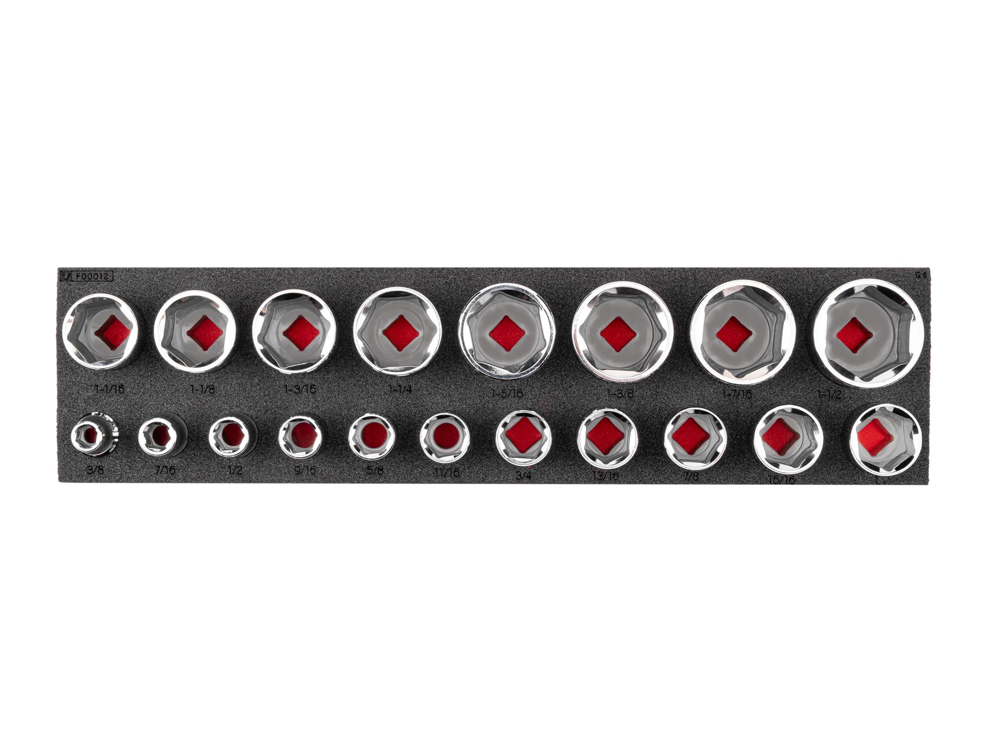 TEKTON 1/2 Inch Drive Shallow 6-Point Socket Set with 16 x 4 Inch Foam Organizer, 19-Piece (3/8 - 1-1/2 in.)