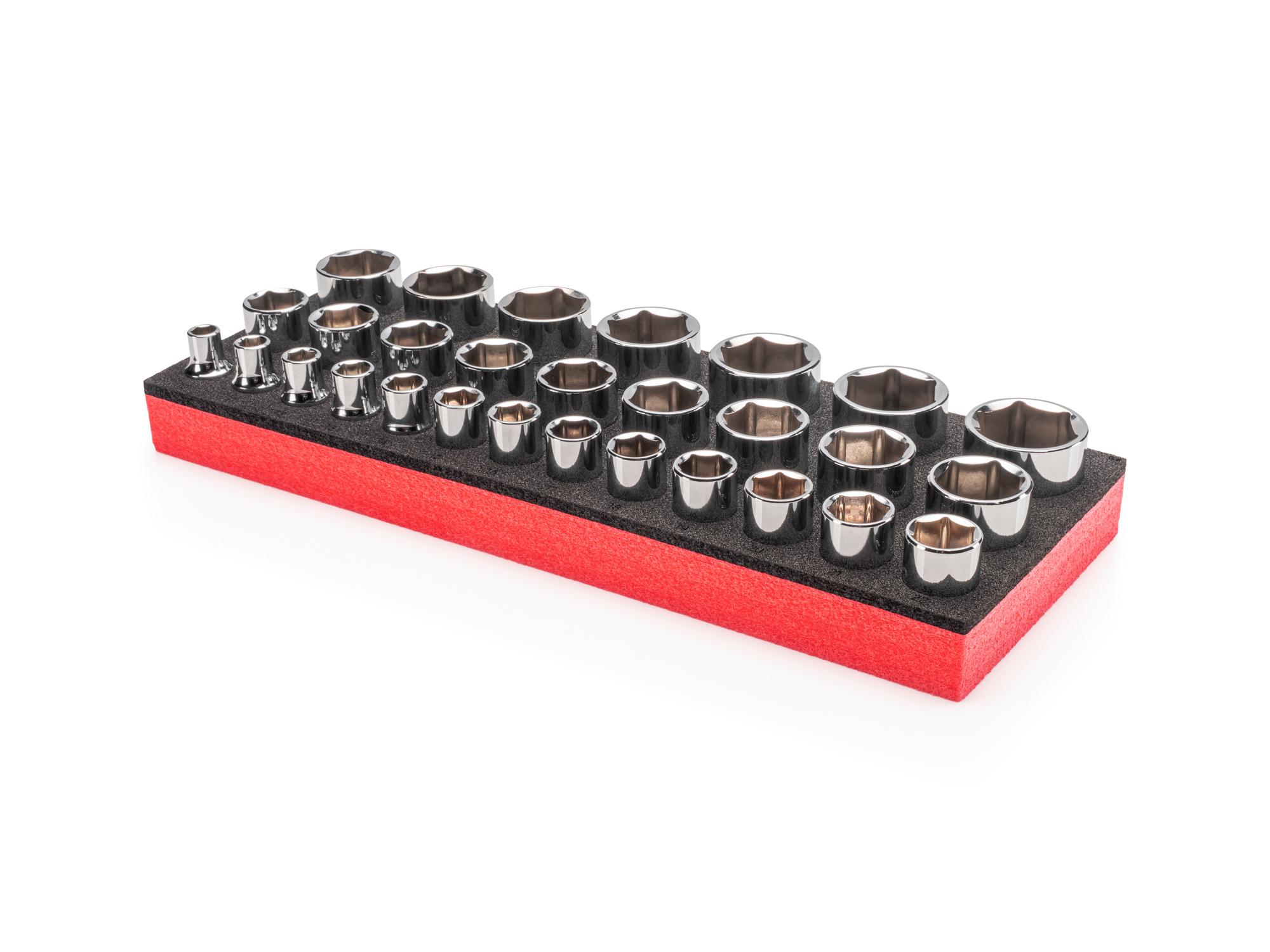 Front-right angle view of Tekton foam hand drive 6-point socket set. Item #SHD92801